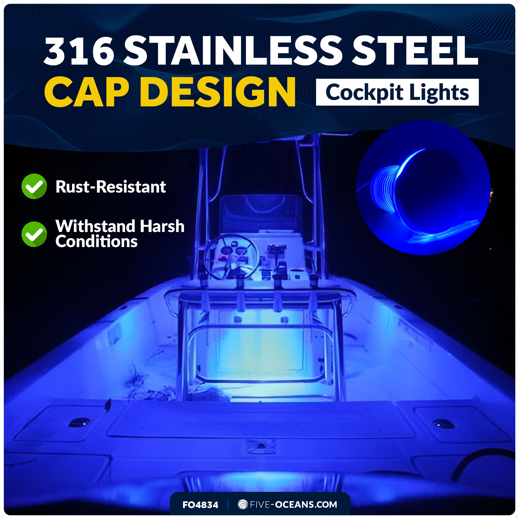 1-5/16-Inch Round LED Courtesy Lights, Blue 3LM, IP67 Waterproof, 12V, 4-Pack - FO4834 - Five Oceans