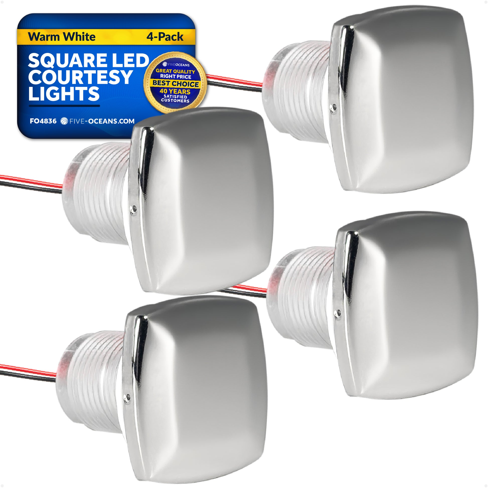 1-5/16" Square LED Courtesy Lights, Warm White 16LM, IP67 Waterproof, 12V, 4-Pack - FO4836 - Five Oceans