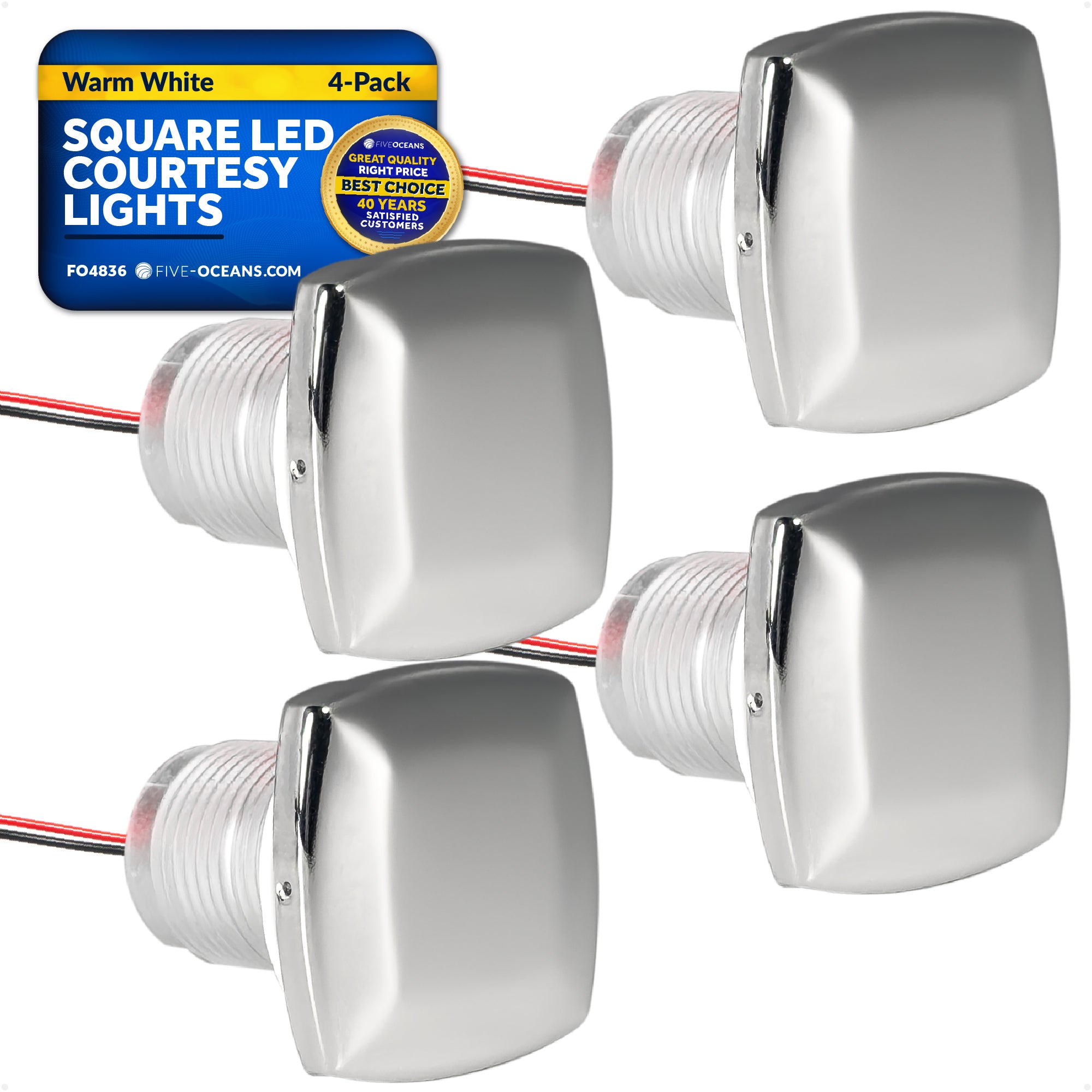 1-5/16" Square LED Courtesy Lights, Warm White 16LM, IP67 Waterproof, 12V, 4-Pack - FO4836 - Five Oceans