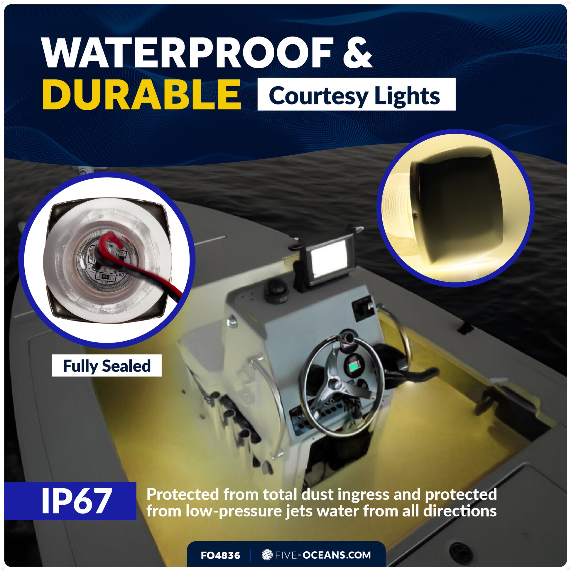 1-5/16" Square LED Courtesy Lights, Warm White 16LM, IP67 Waterproof, 12V, 4-Pack - FO4836 - Five Oceans
