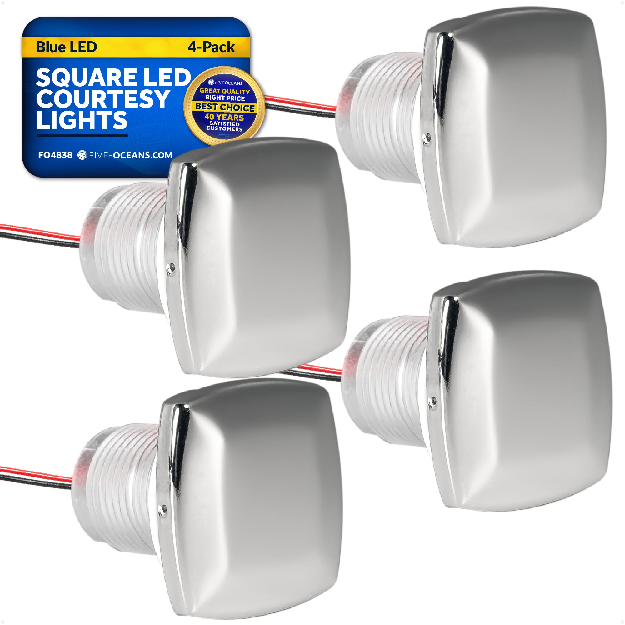 1-5/16" Square LED Courtesy Lights, Blue 3LM, IP67 Waterproof, 12V, 4-Pack - FO4838 - Five Oceans