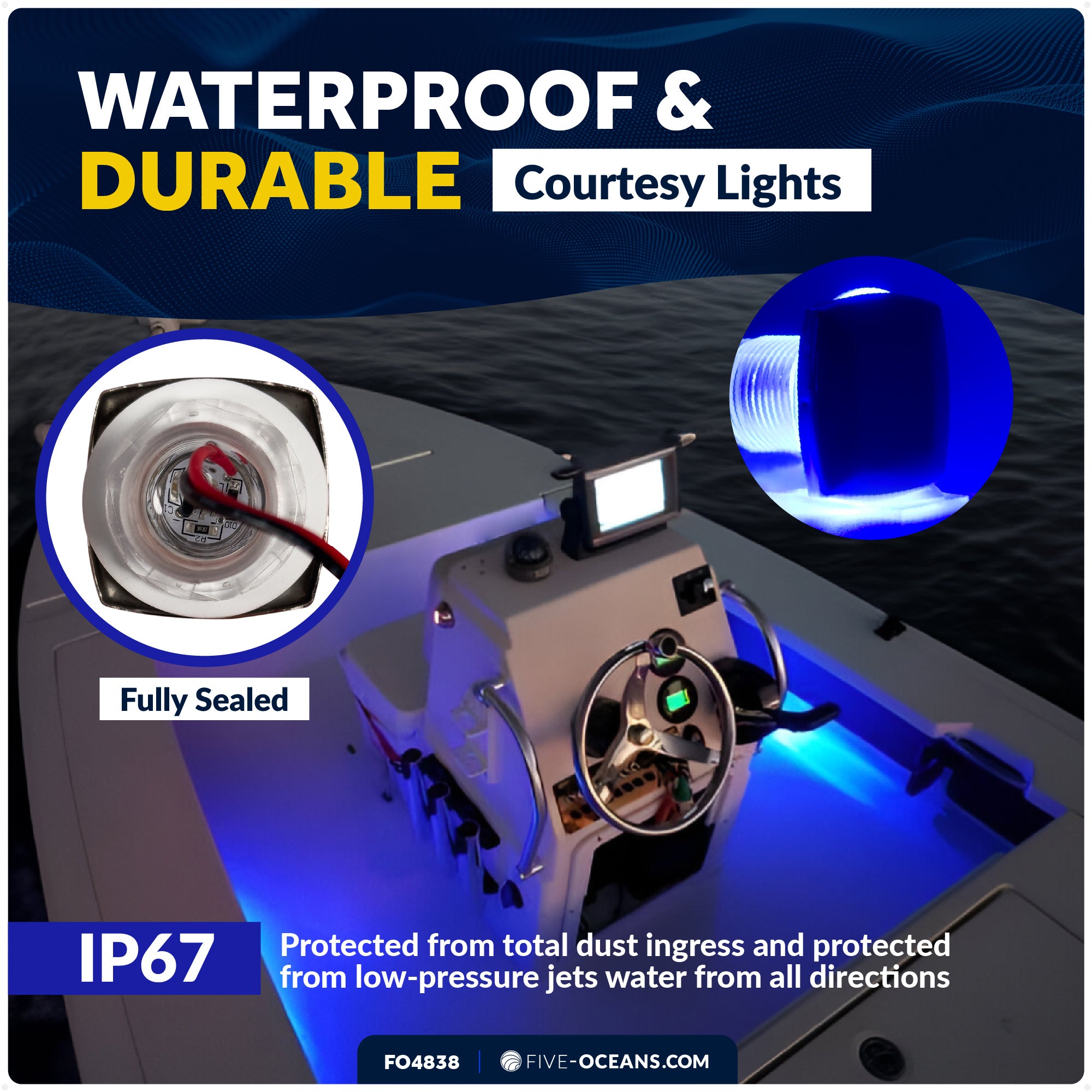 1-5/16" Square LED Thru-Hull Livewell / Courtesy Light, Blue 3LM, 12V, 4-Pack - FO4838 - Five Oceans