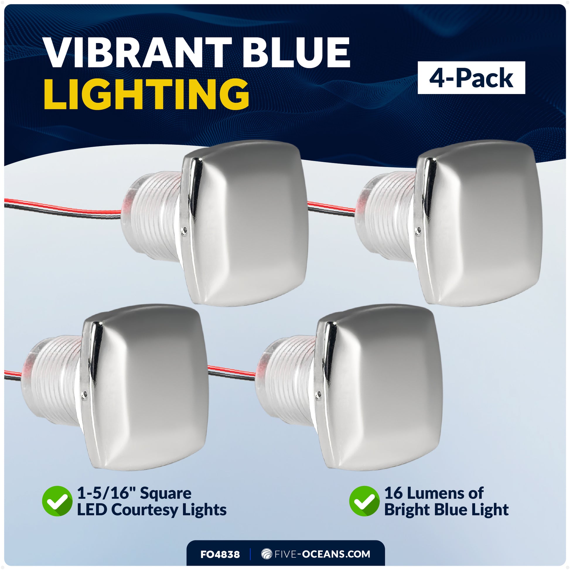 1-5/16" Square LED Courtesy Lights, Blue 3LM, IP67 Waterproof, 12V, 4-Pack - FO4838 - Five Oceans
