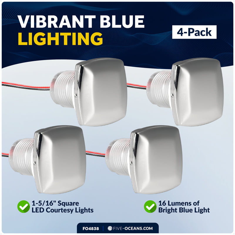 1-5/16" Square LED Thru-Hull Livewell / Courtesy Light, Blue 3LM, 12V, 4-Pack - FO4838 - Five Oceans