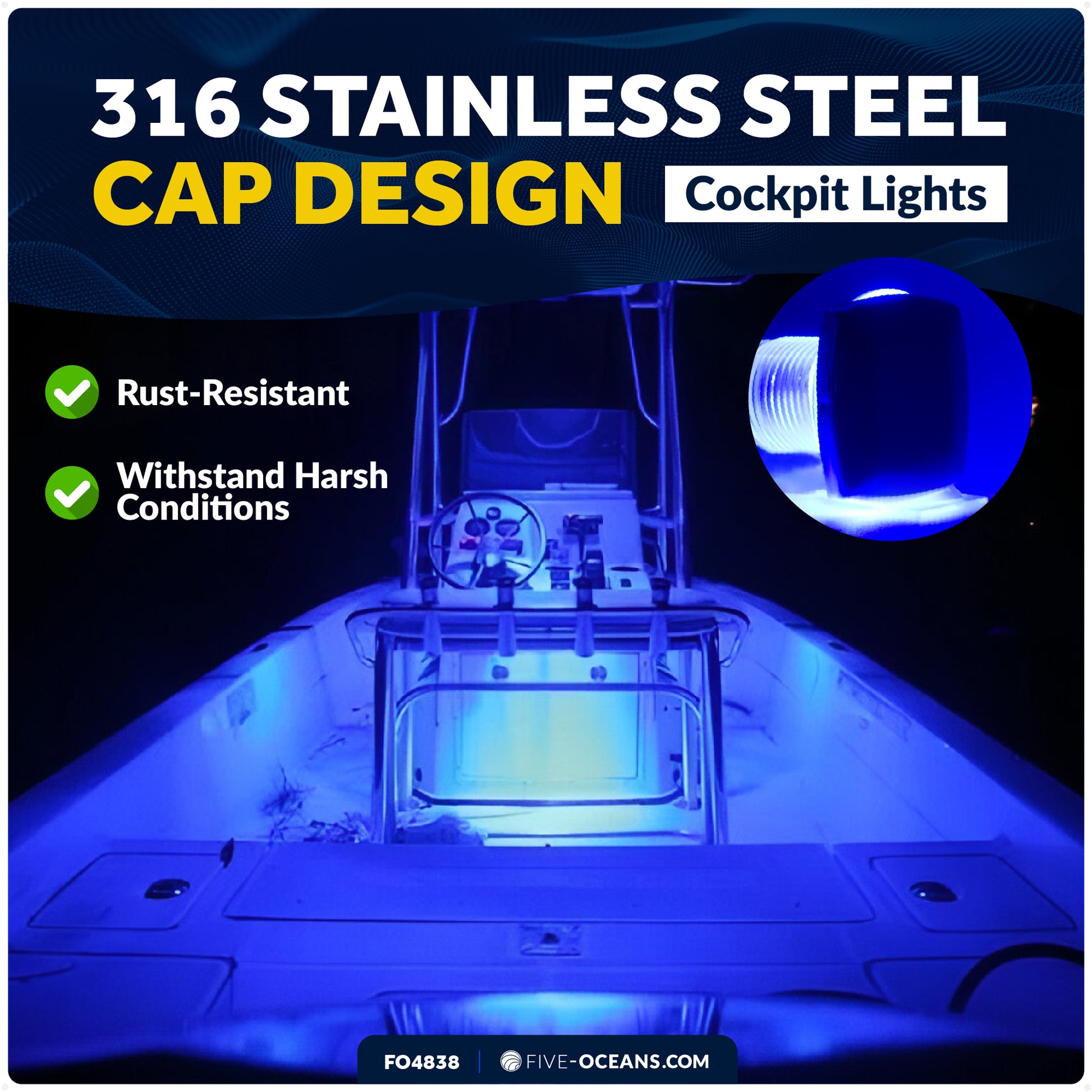 1-5/16" Square LED Courtesy Lights, Blue 3LM, IP67 Waterproof, 12V, 4-Pack - FO4838 - Five Oceans