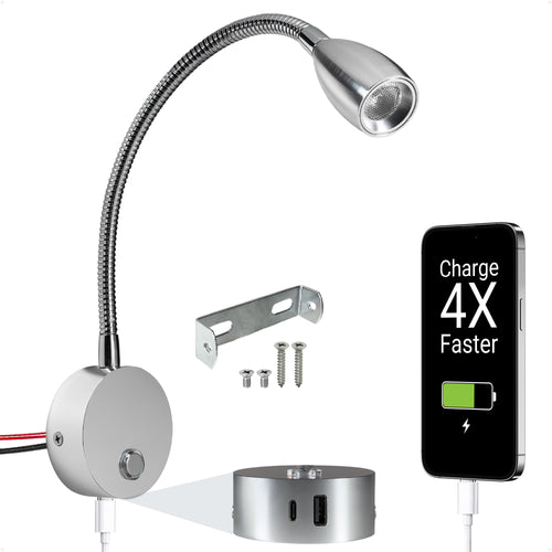 LED Reading Light with USB-A/C Charging Port, Warm White, Touch Dimmer, Flexible Gooseneck, Aluminum Housing, 10-30V