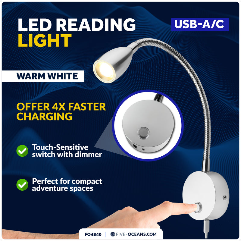 LED Reading Light with USB-A/C Charging Port, Warm White, Touch Dimmer, Flexible Gooseneck, Aluminum Housing, 10-30V - FO4840 - Five Oceans