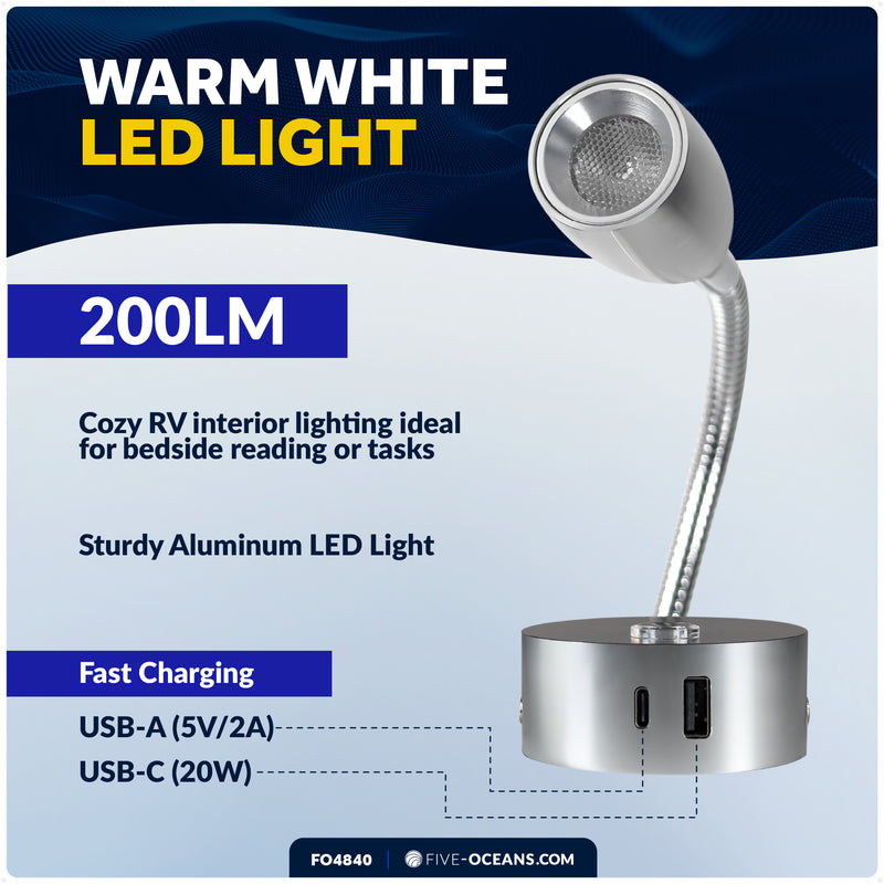 LED Reading Light with USB-A/C Charging Port, Warm White, Touch Dimmer, Flexible Gooseneck, Aluminum Housing, 10-30V - FO4840 - Five Oceans