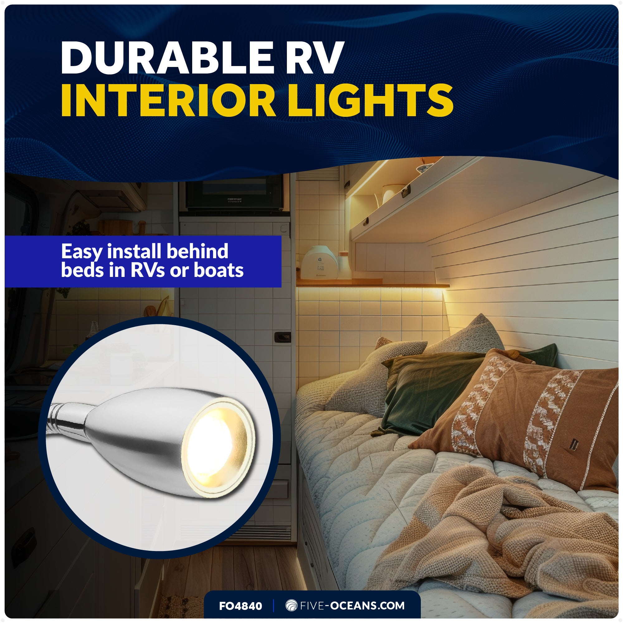 LED Reading Light with USB-A/C Charging Port, Warm White, Touch Dimmer, Flexible Gooseneck, Aluminum Housing, 10-30V - FO4840 - Five Oceans