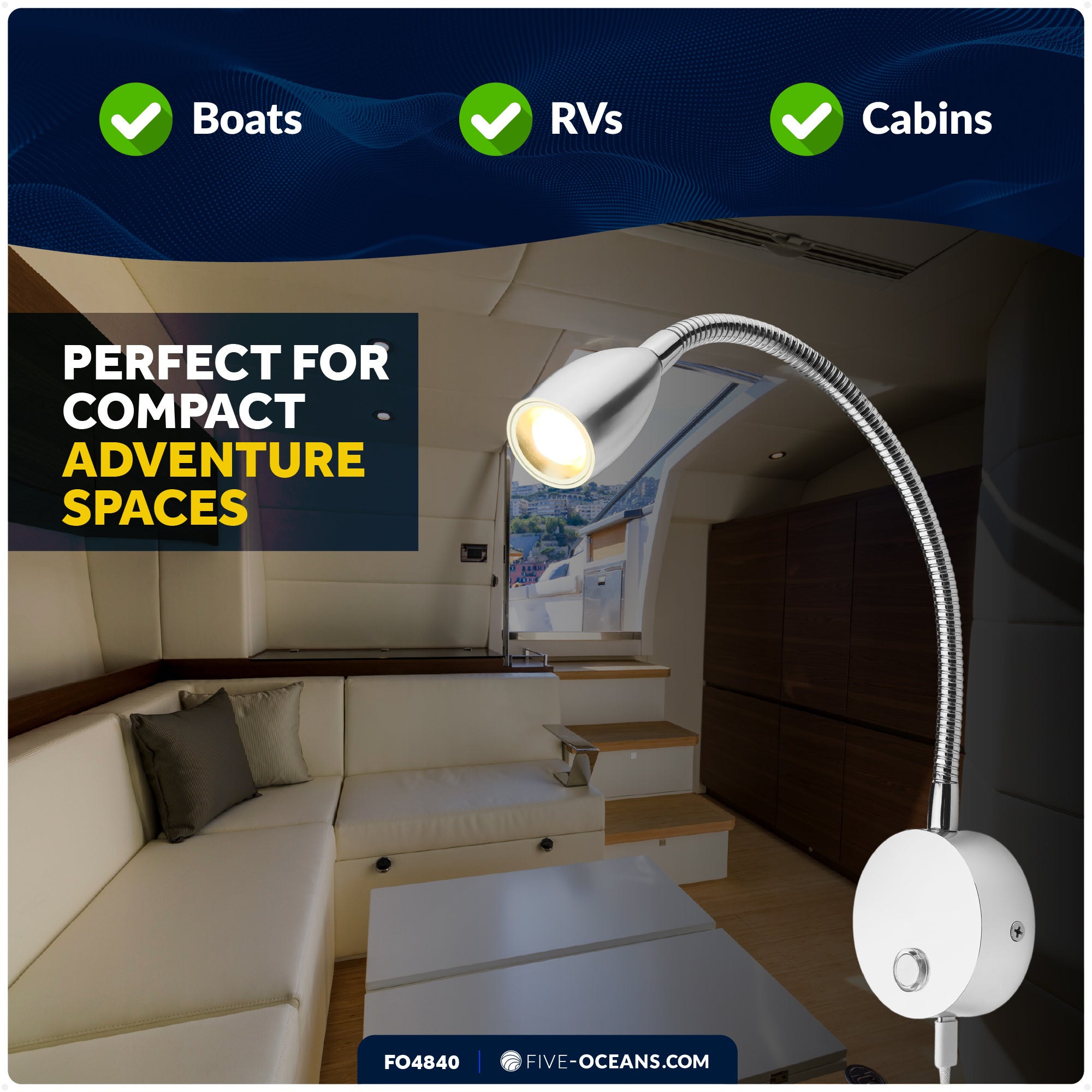 LED Reading Light with USB-A/C Charging Port, Warm White, Touch Dimmer, Flexible Gooseneck, Aluminum Housing, 10-30V - FO4840 - Five Oceans