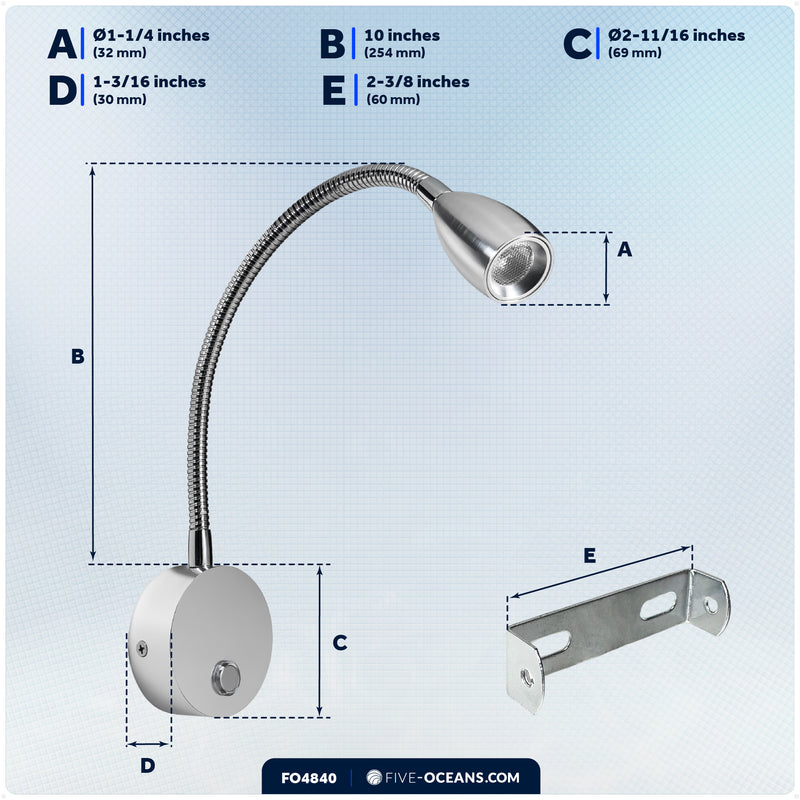 LED Reading Light with USB-A/C Charging Port, Warm White, Touch Dimmer, Flexible Gooseneck, Aluminum Housing, 10-30V - FO4840 - Five Oceans