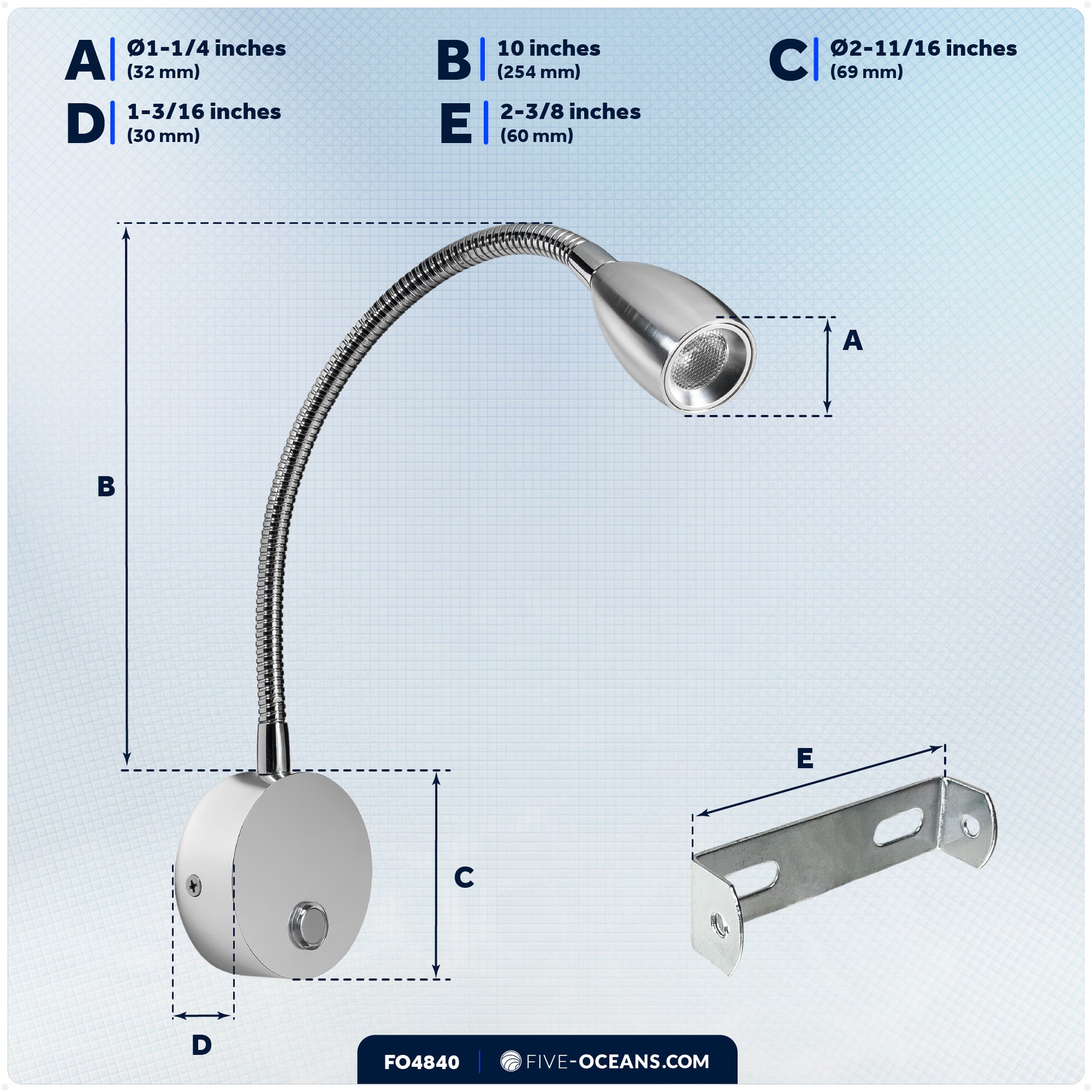 LED Reading Light with USB-A/C Charging Port, Warm White, Touch Dimmer, Flexible Gooseneck, Aluminum Housing, 10-30V - FO4840 - Five Oceans