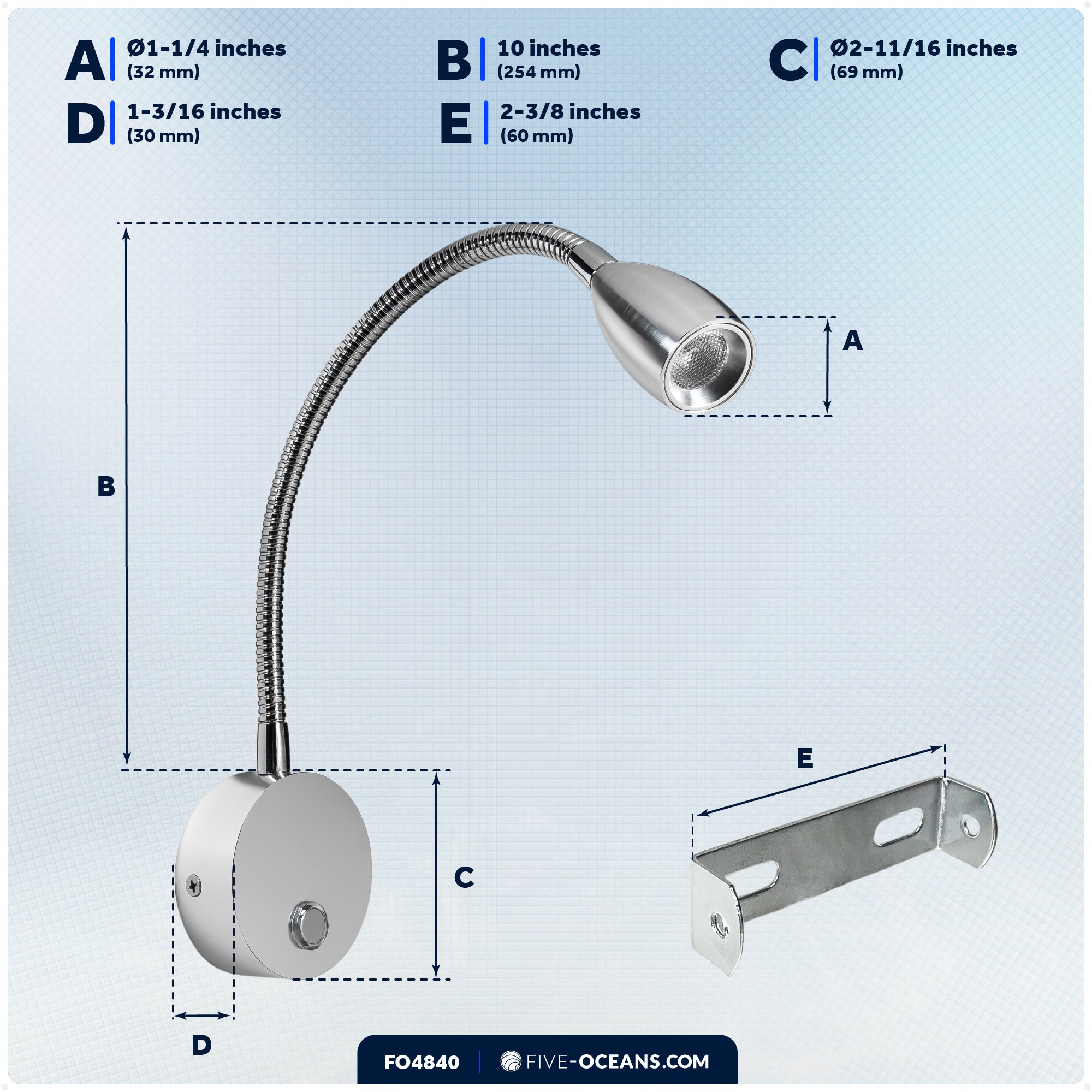 LED Reading Light with USB-A/C Charging Port, Warm White, Touch Dimmer, Flexible Gooseneck, Aluminum Housing, 10-30V - FO4840 - Five Oceans