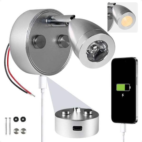 LED Reading Light with USB-C Charging Port, Warm White, Touch Dimmer, Aluminum Housing, 200 LM, 10-30V