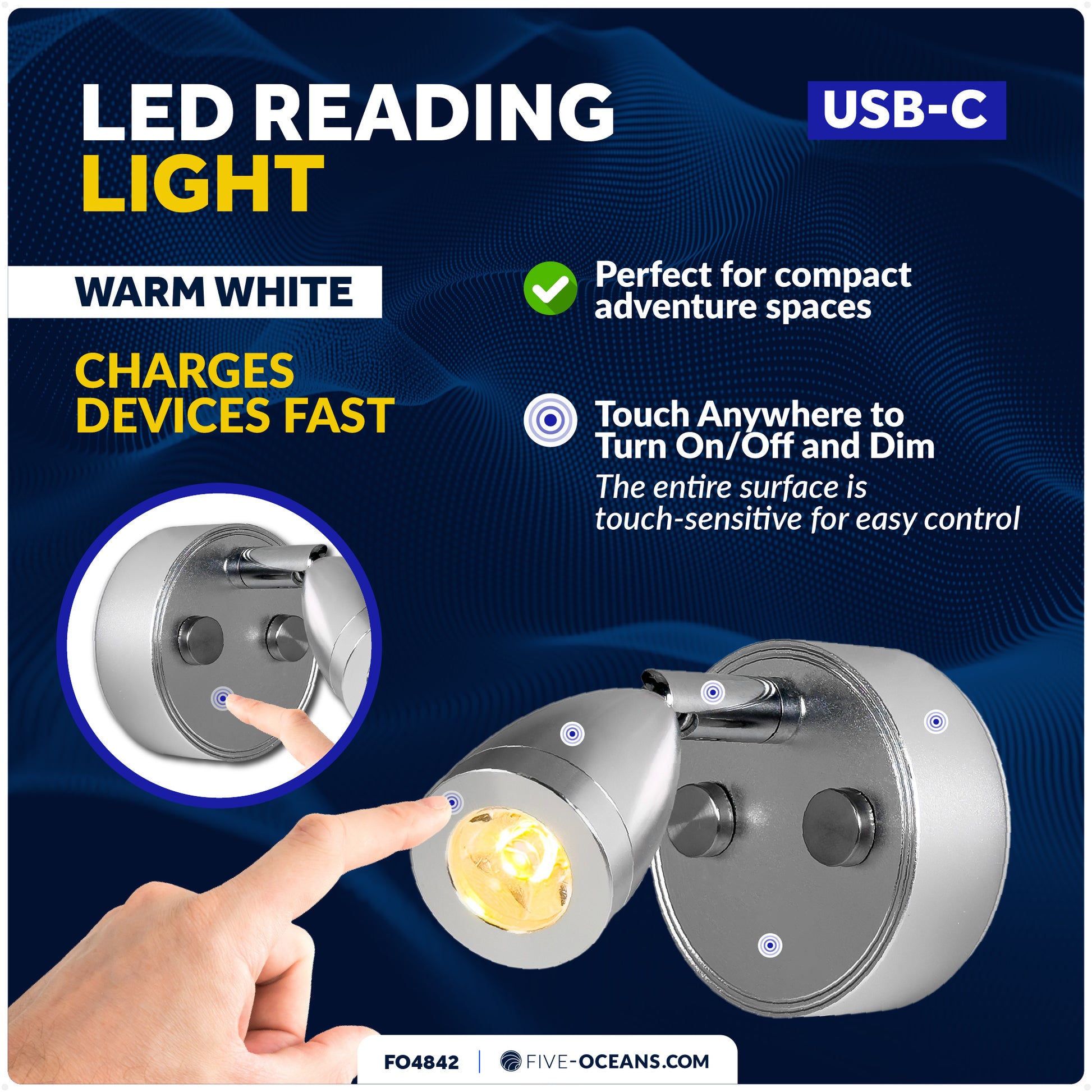 RV LED Reading Light with Touch Dimmer on Base/Housing/Swivel, USB-C, Warm White, 200LM, 10-28V DC- FO4842 - Five Oceans