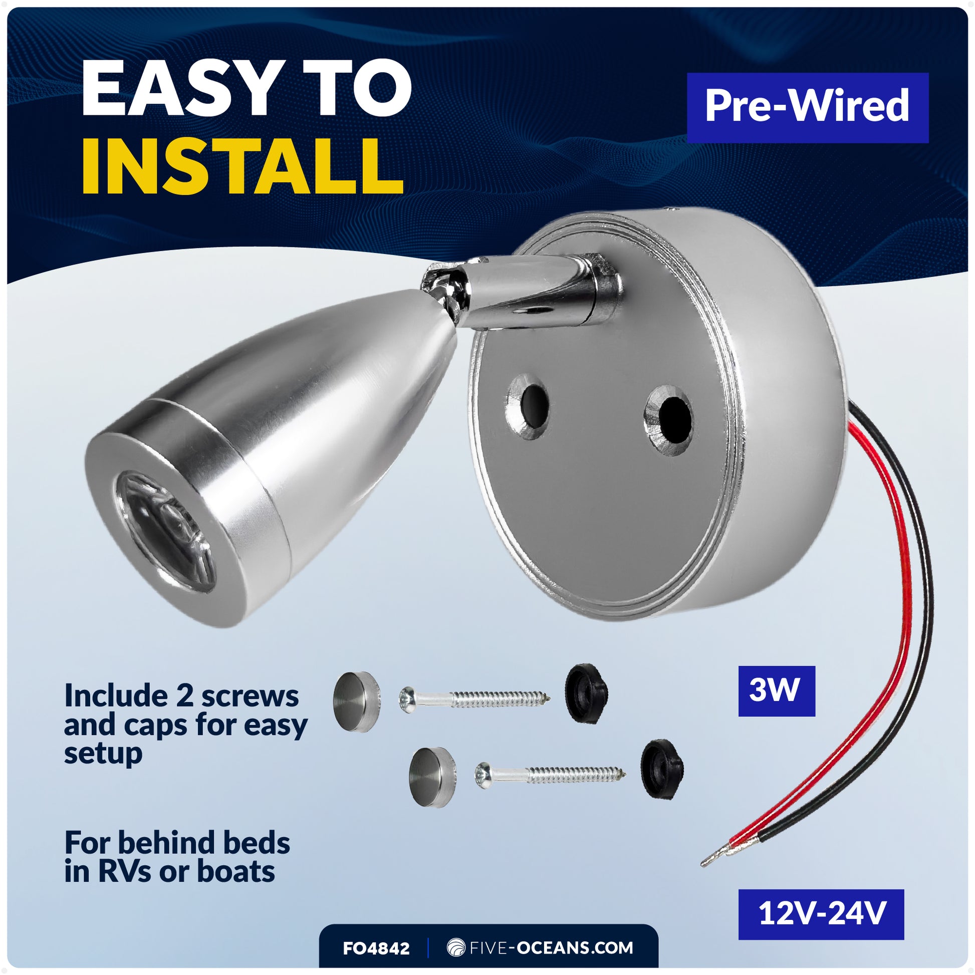 LED Reading Light with USB-C Charging Port, Warm White, Touch Dimmer, Aluminum Housing, 200 LM, 10-30V - FO4842 - Five Oceans