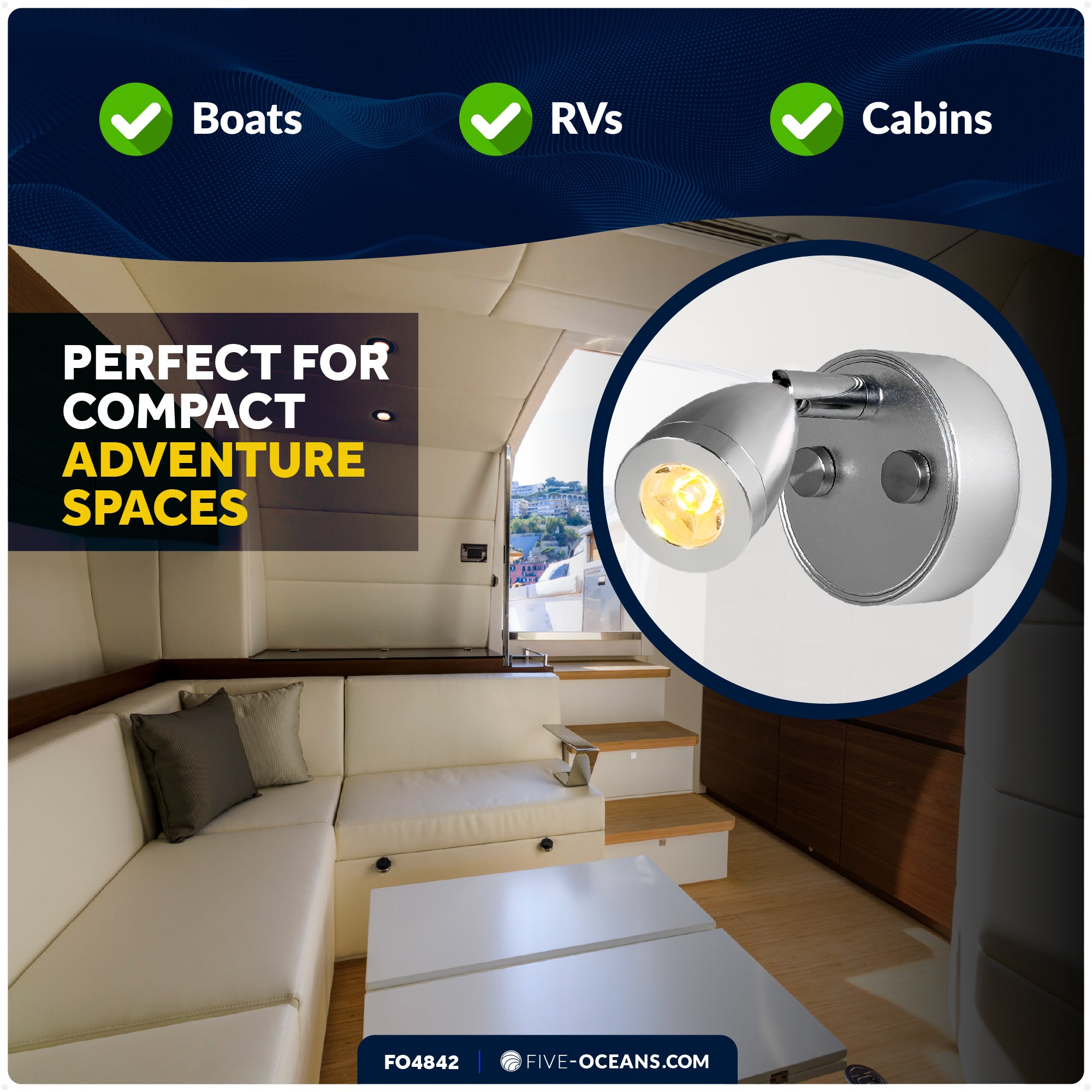 RV LED Reading Light with Touch Dimmer on Base/Housing/Swivel, USB-C, Warm White, 200LM, 10-28V DC- FO4842 - Five Oceans