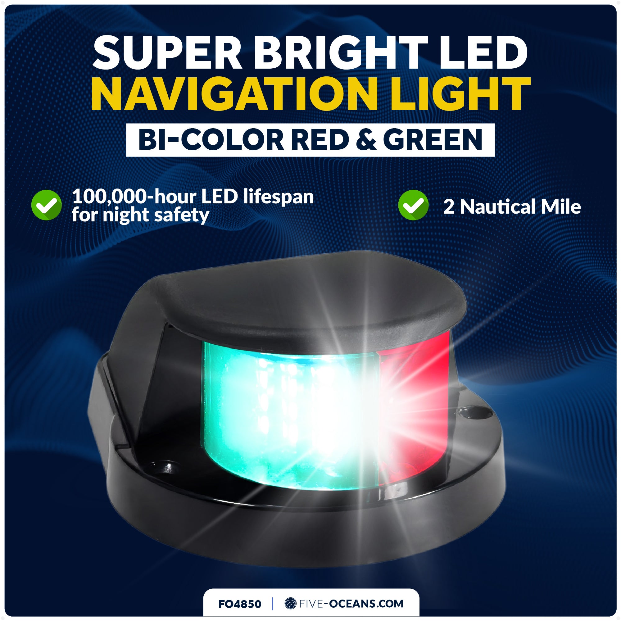 LED Bi-Color Navigation Light, Horizontal Mount, 12V DC, 2NM, Black - FO4850 - Five Oceans