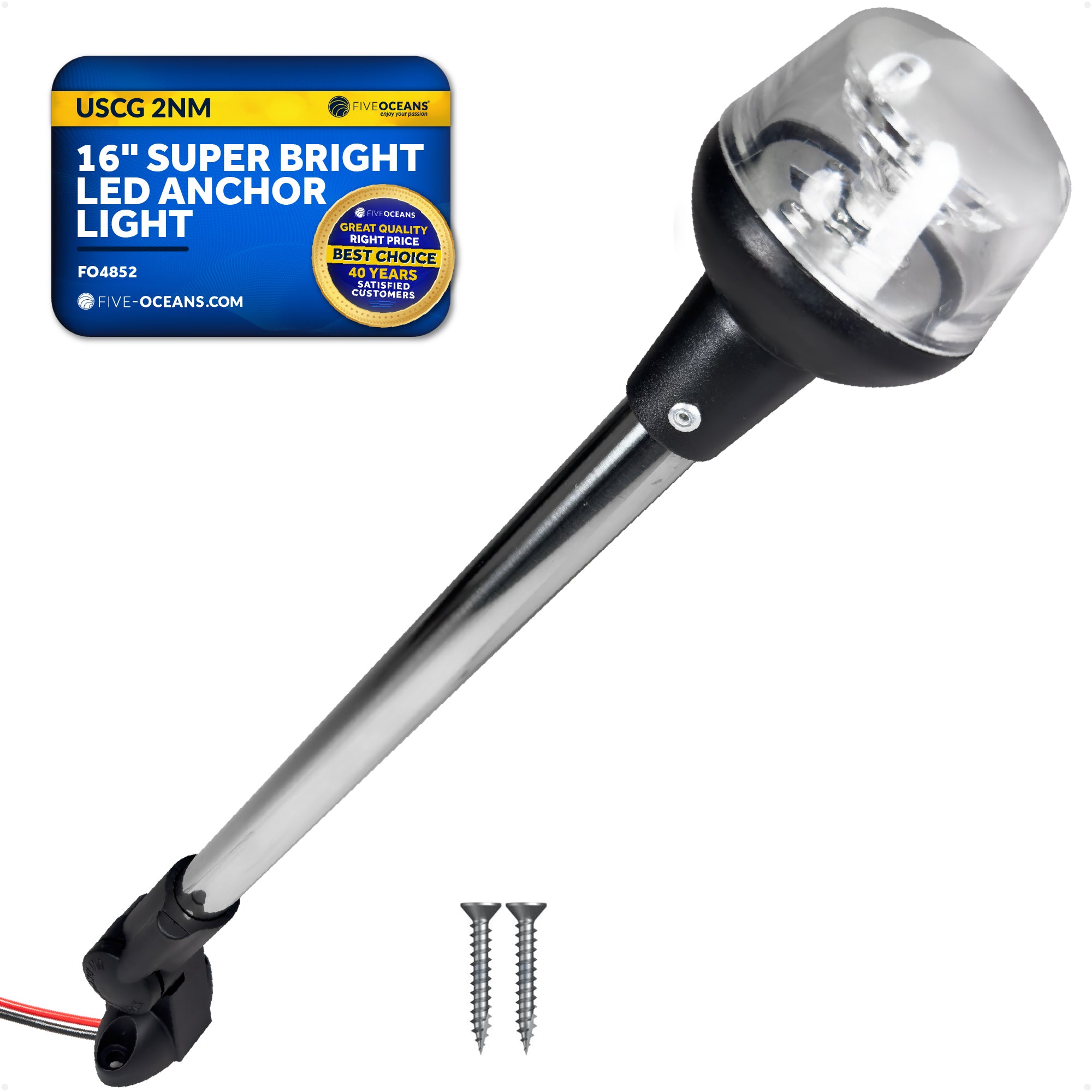 LED Anchor Light, 16" Fold-Down, IP67 Waterproof, 2NM USCG Certified, 12V - FO4852 - Five Oceans