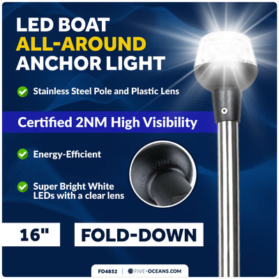 16" LED Anchor Navigation Light, Fold-Down, 12V DC - 2NM USCG Certified