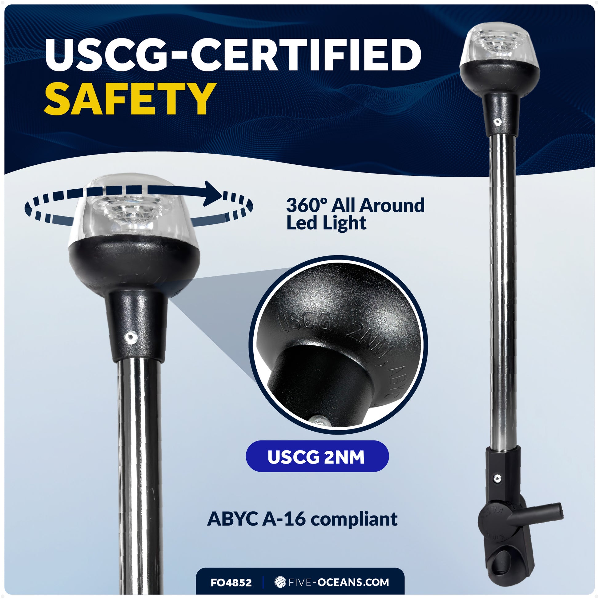 LED Anchor Light, 16" Fold-Down, IP67 Waterproof, 2NM USCG Certified, 12V - FO4852 - Five Oceans