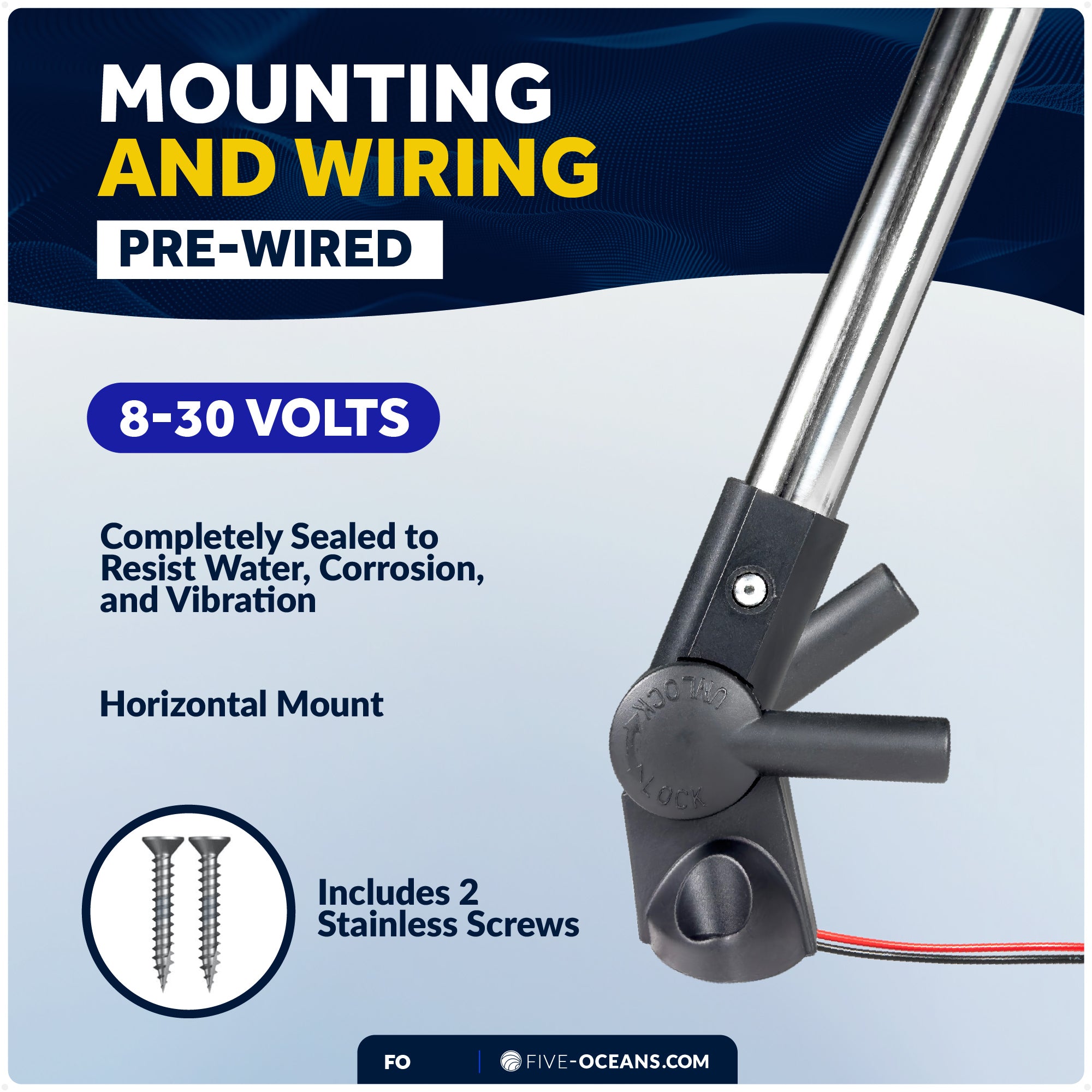 16" LED Anchor Navigation Light, Fold-Down, 12V DC - 2NM USCG Certified - FO4852 - Five Oceans