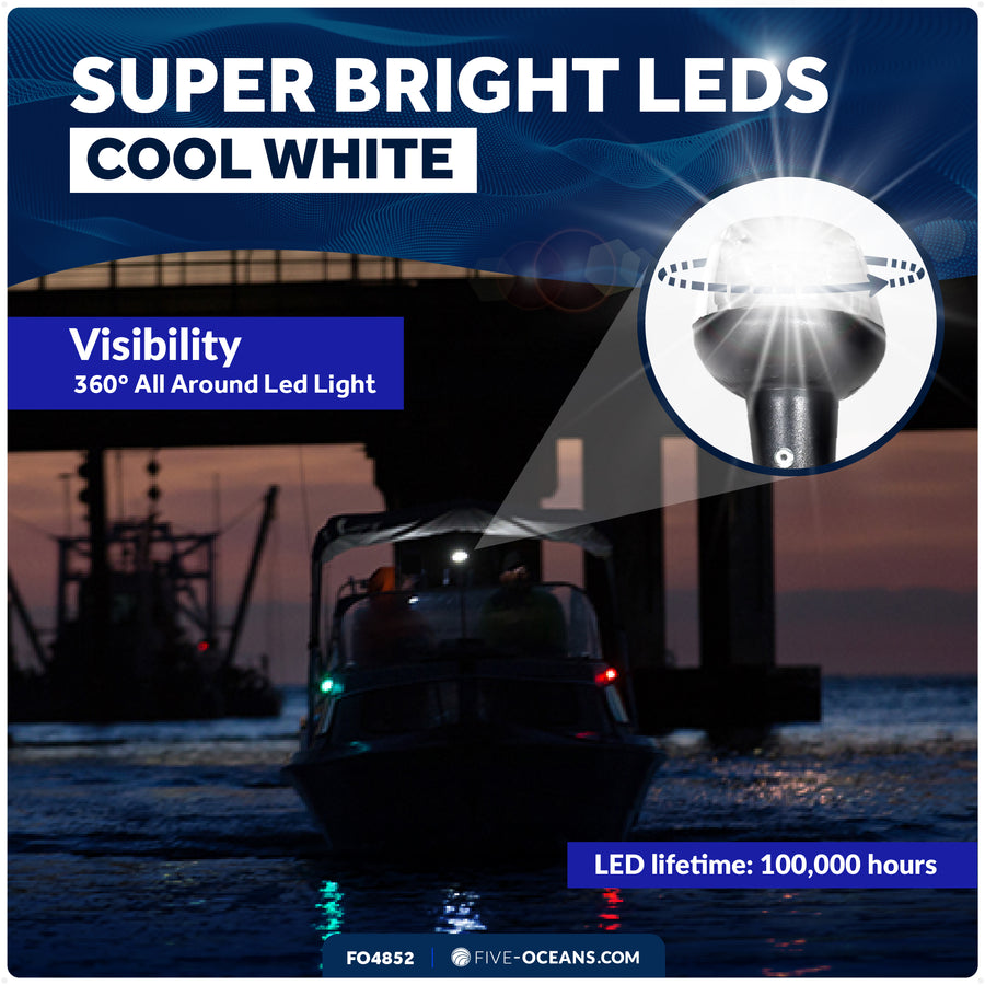 16" LED Anchor Navigation Light, Fold-Down, 12V DC - 2NM USCG Certified - Five Oceans