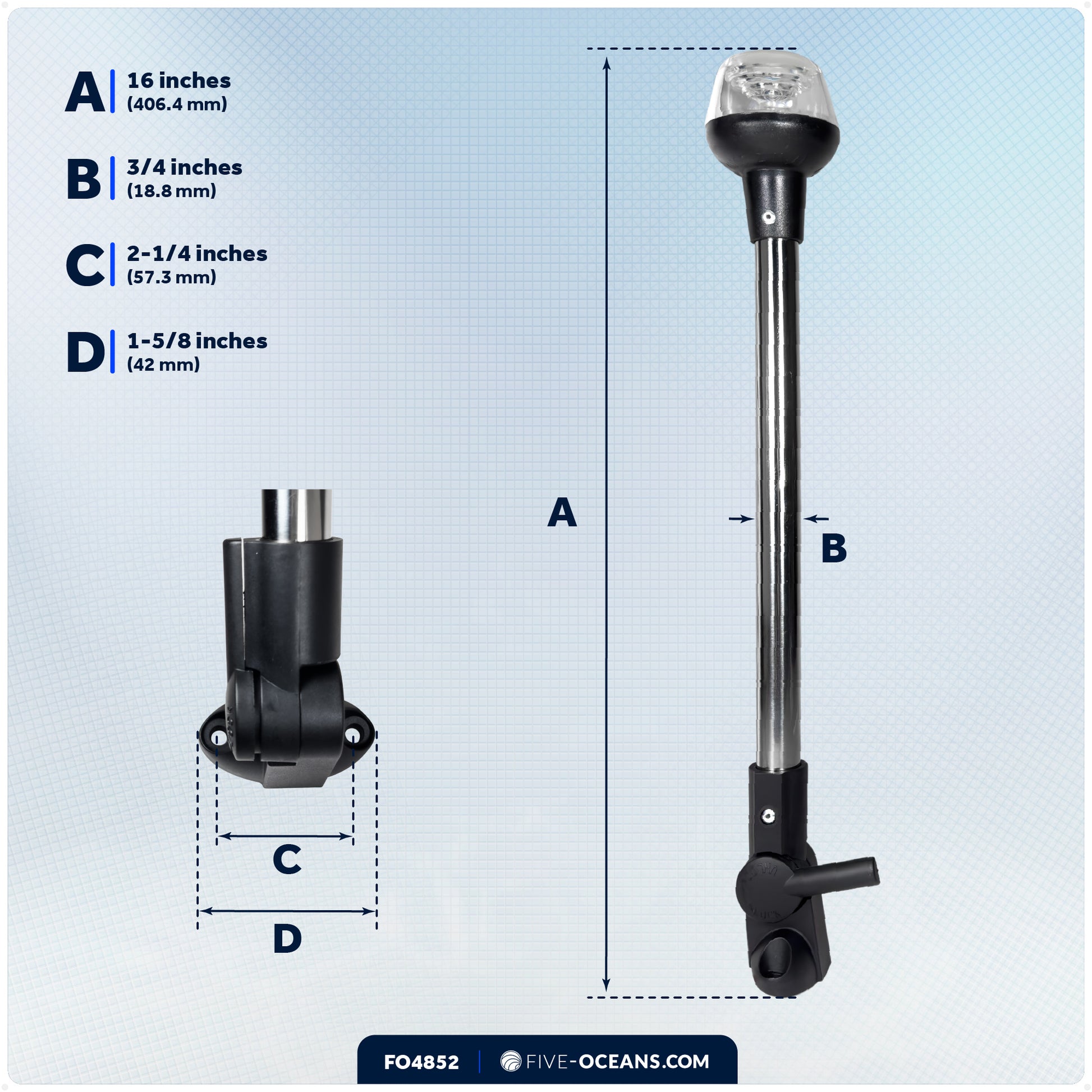 LED Anchor Light, 16" Fold-Down, IP67 Waterproof, 2NM USCG Certified, 12V - FO4852 - Five Oceans