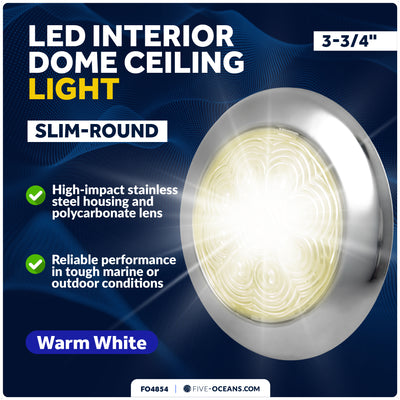3-3/4" Surface-Mount LED Slim Dome / Ceiling Light, Warm White, Stainless Steel Housing, 12V - FO4854 - Five Oceans