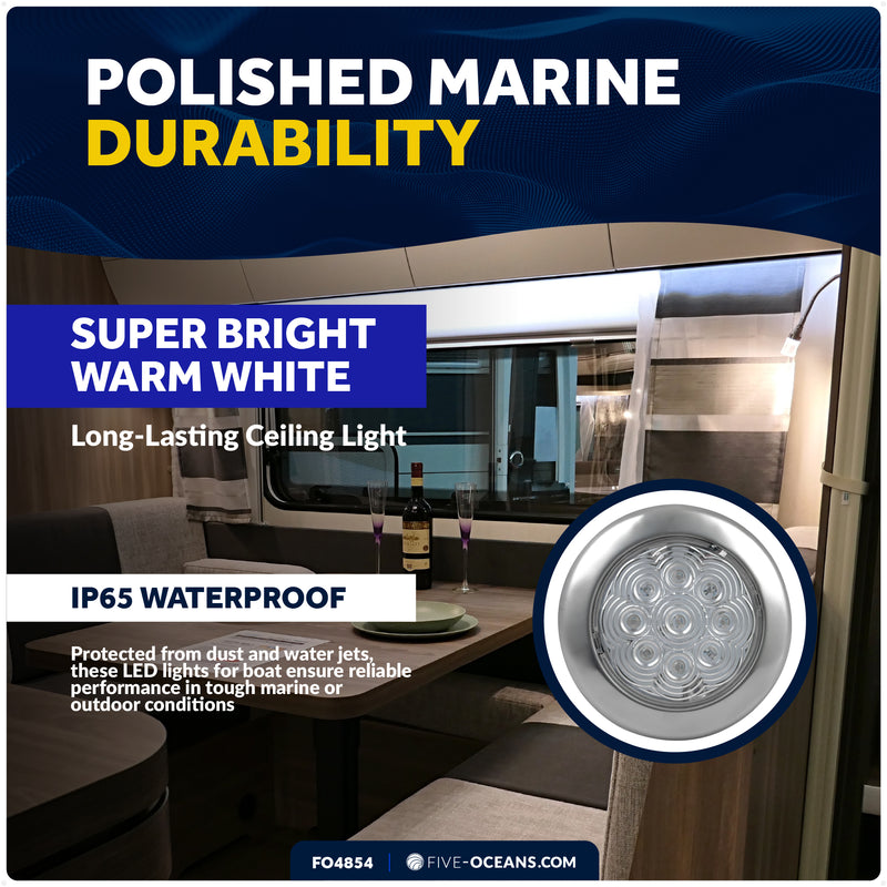 3-3/4" Surface-Mount LED Slim Dome / Ceiling Light, Warm White, Stainless Steel Housing, 12V - FO4854 - Five Oceans