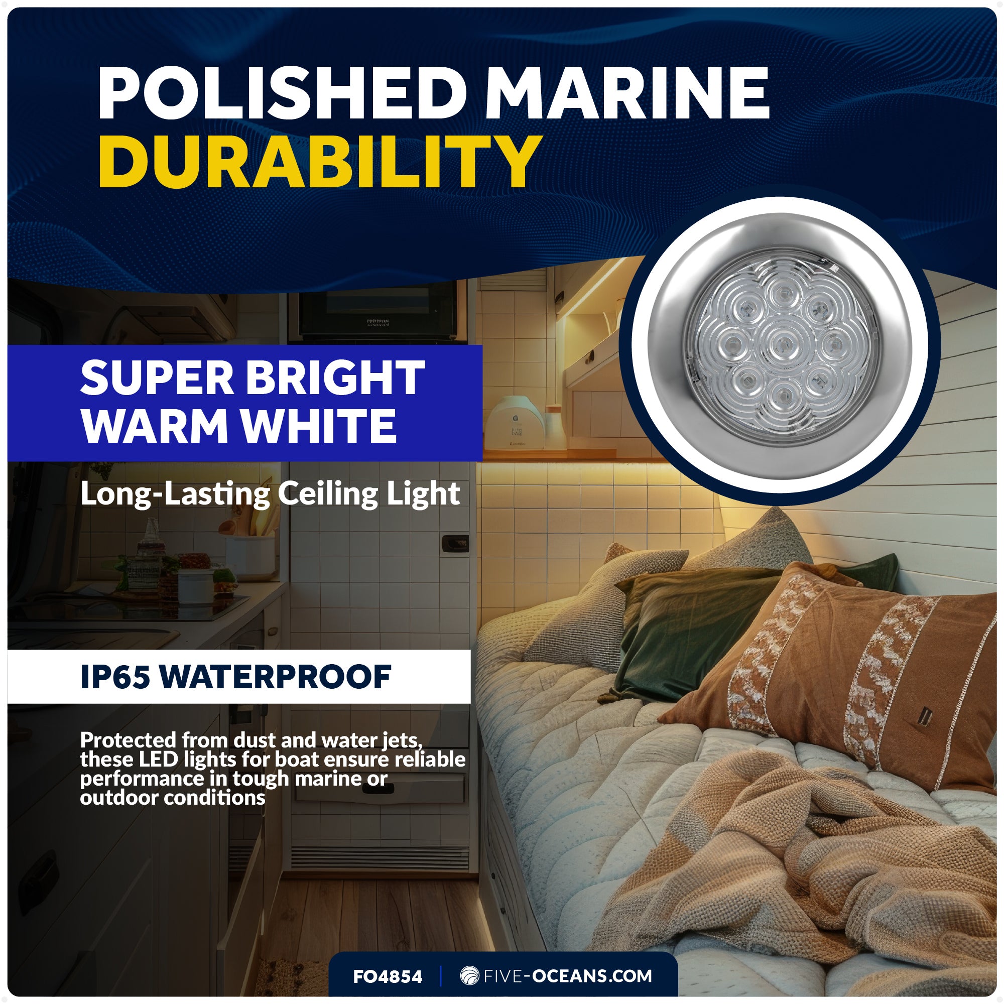 3-3/4" Surface-Mount LED Slim Dome / Ceiling Light, Warm White, Stainless Steel Housing, 12V - FO4854 - Five Oceans