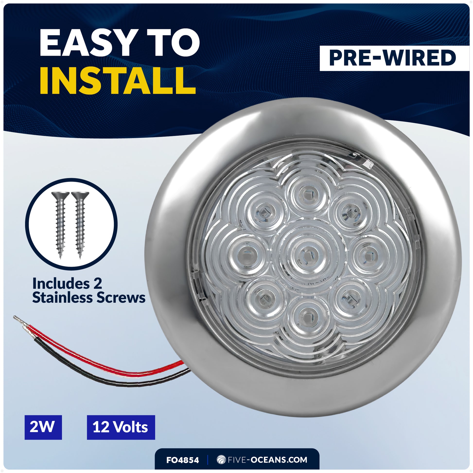 3-3/4" Surface-Mount LED Slim Dome / Ceiling Light, Warm White, Stainless Steel Housing, 12V - FO4854 - Five Oceans