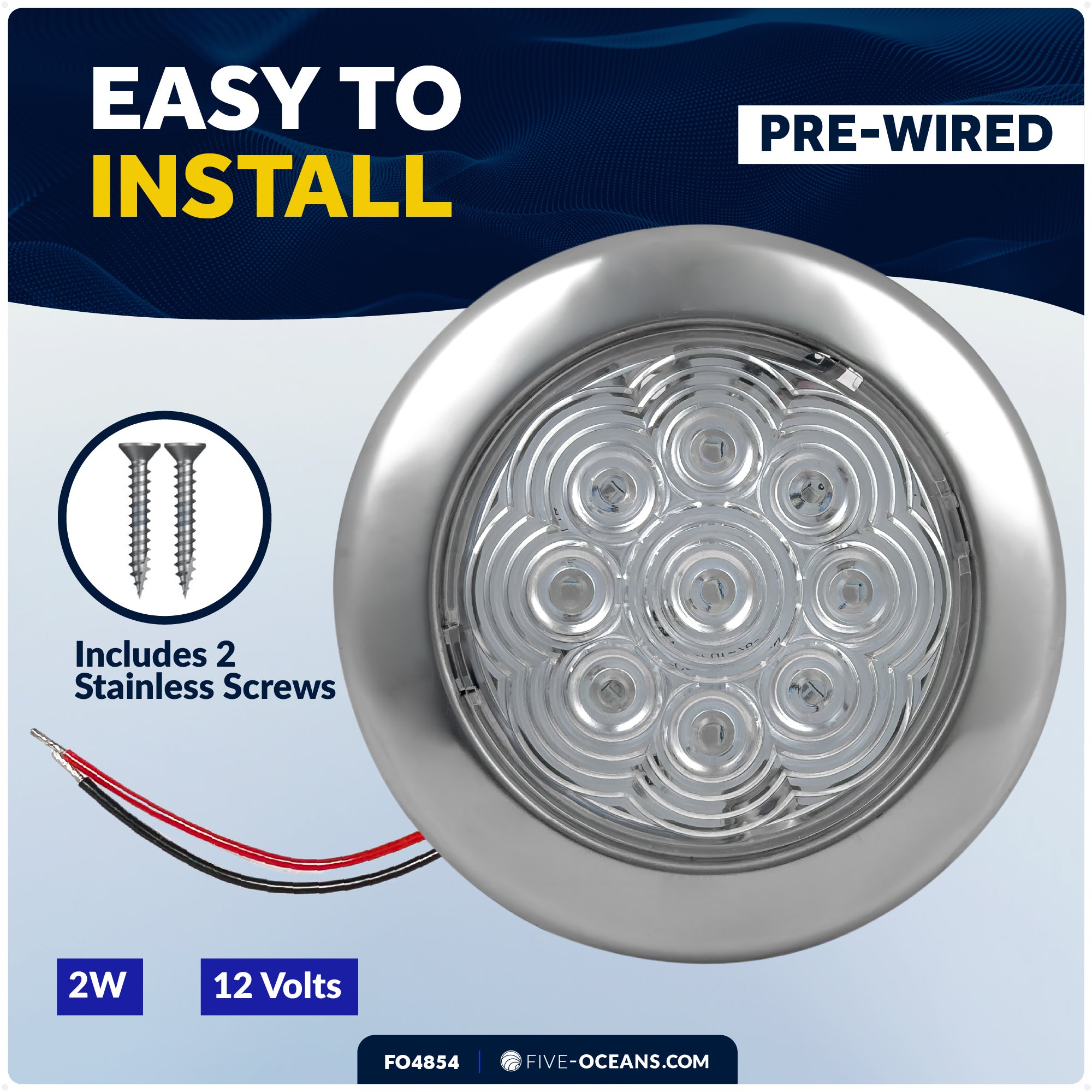 3-3/4" Surface-Mount LED Slim Dome / Ceiling Light, Warm White, Stainless Steel Housing, 12V - FO4854 - Five Oceans