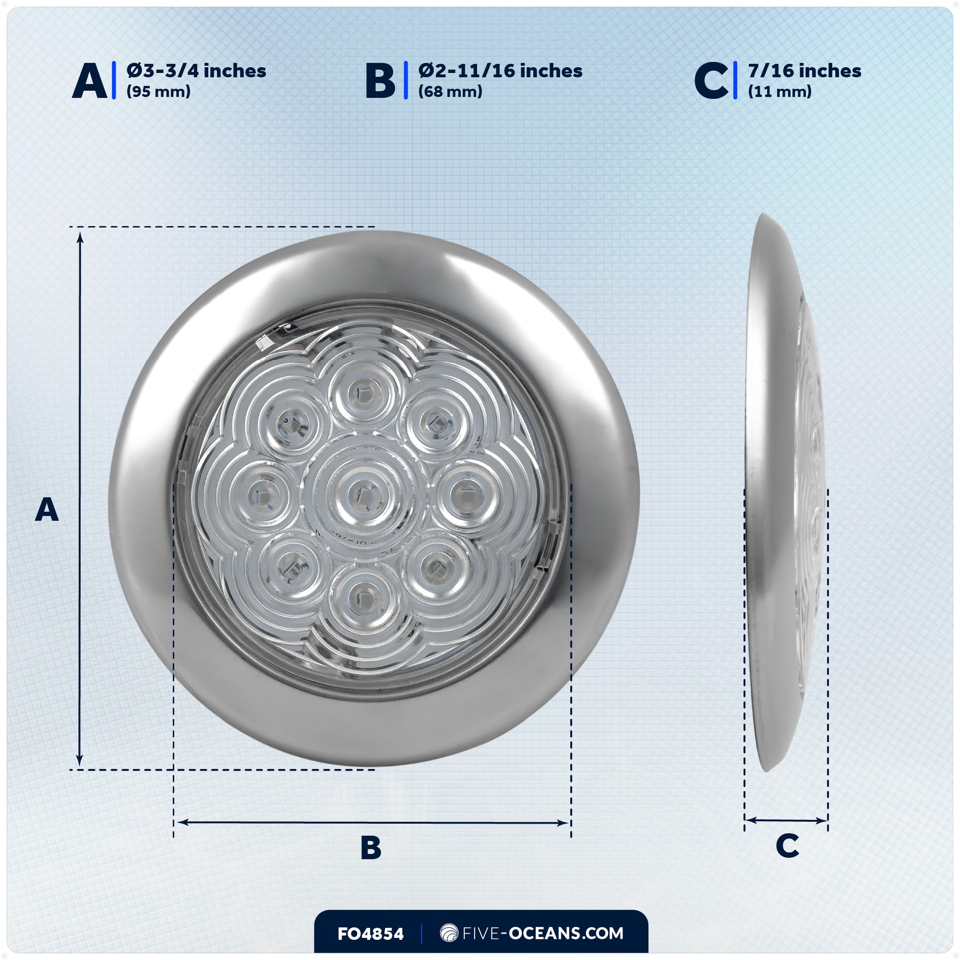 3-3/4" Surface-Mount LED Slim Dome / Ceiling Light, Warm White, Stainless Steel Housing, 12V - FO4854 - Five Oceans