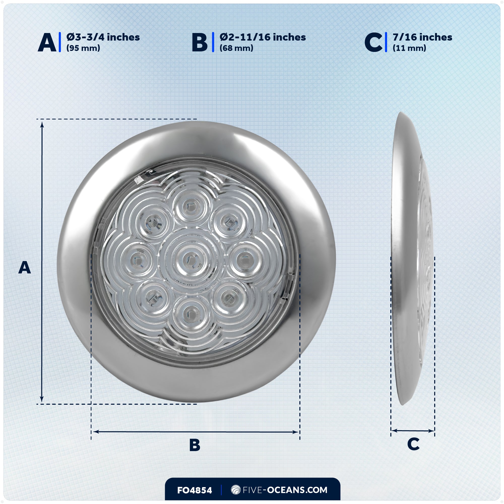 3-3/4" Surface-Mount LED Slim Dome / Ceiling Light, Warm White, Stainless Steel Housing, 12V - FO4854 - Five Oceans