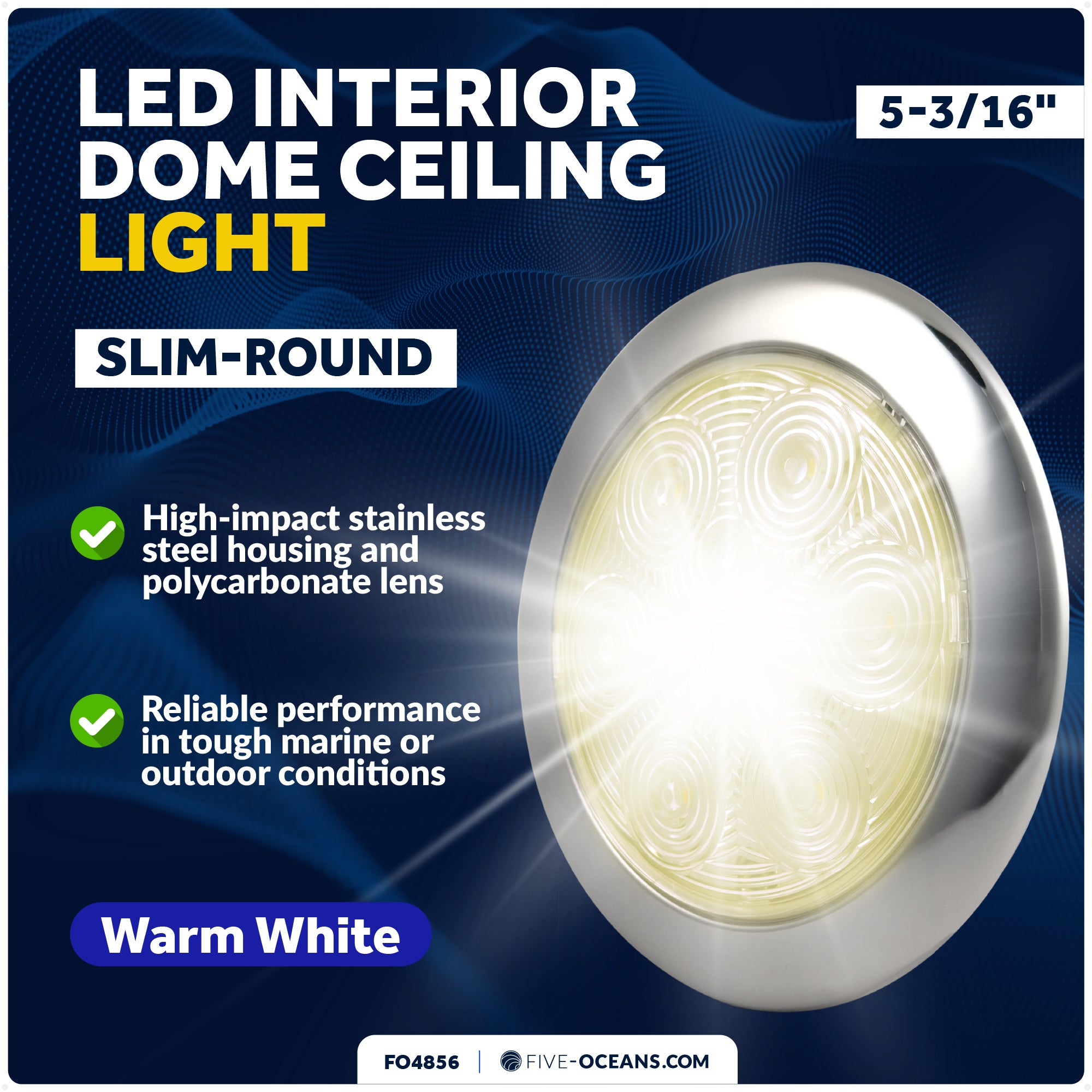LED Interior Dome Ceiling Light, 5-3/16" Slim Round, Warm White, IP65 Waterproof, 12V - FO4856 - Five Oceans