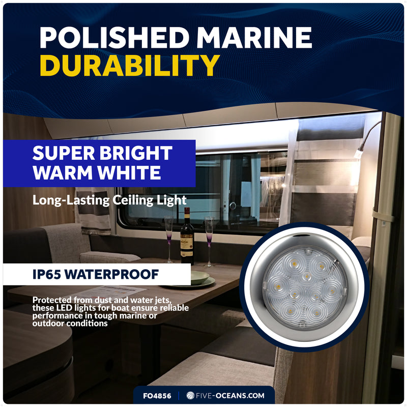 5-3/16" Surface-Mount LED Slim Dome / Ceiling Light, Warm White, Stainless Steel Housing, 12V - FO4856 - Five Oceans