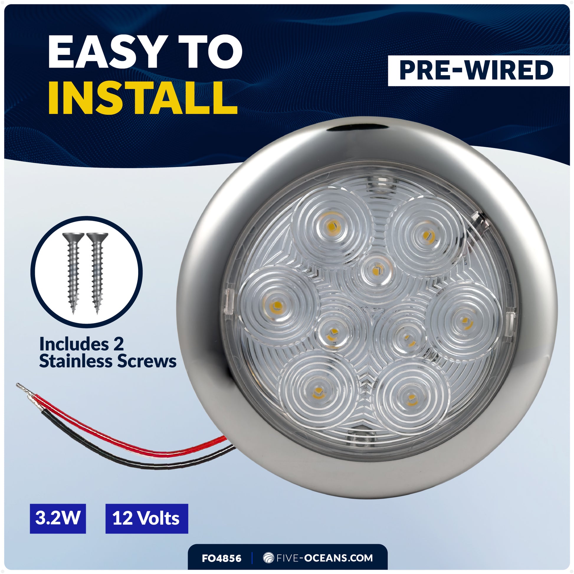 5-3/16" Surface-Mount LED Slim Dome / Ceiling Light, Warm White, Stainless Steel Housing, 12V - FO4856 - Five Oceans