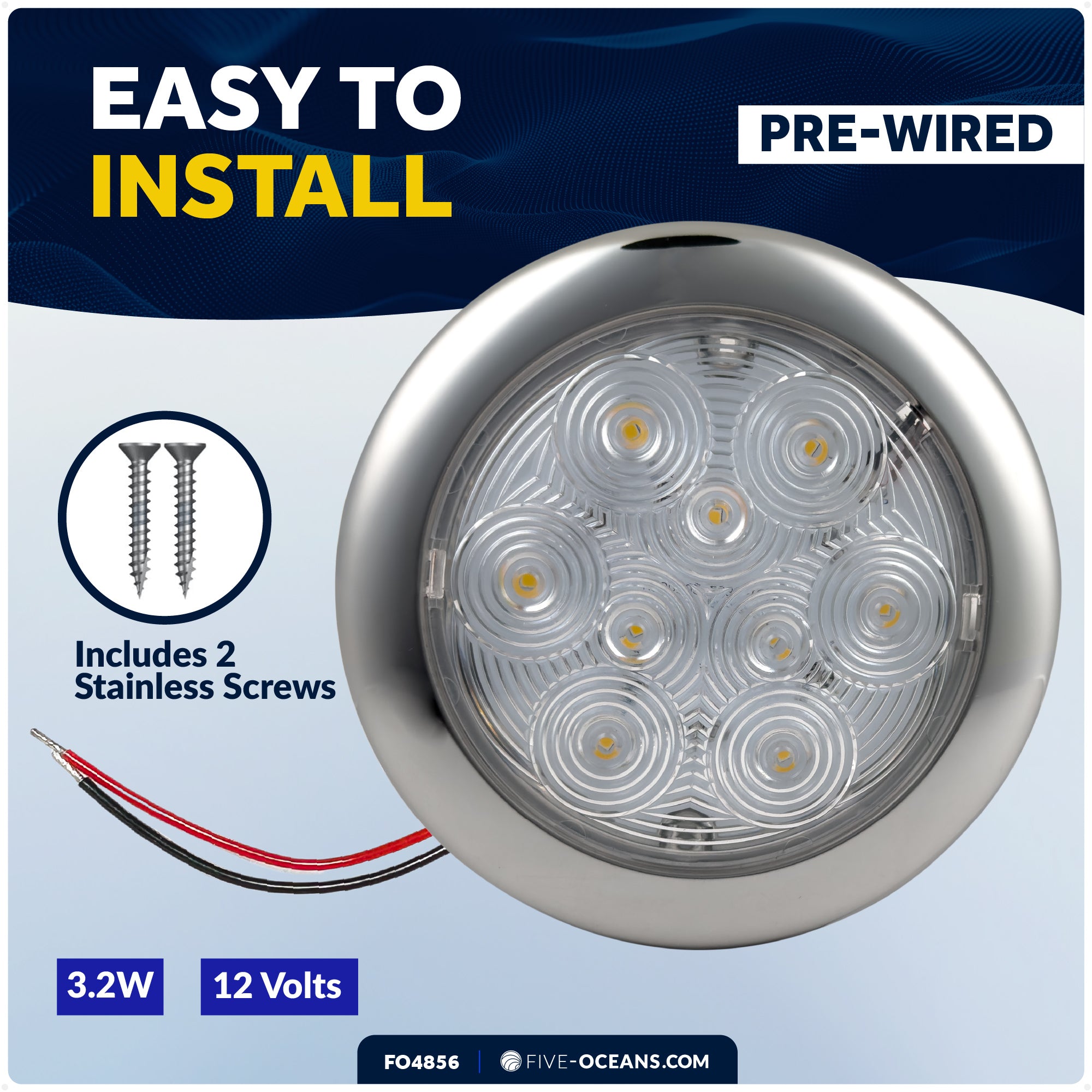 5-3/16" Surface-Mount LED Slim Dome / Ceiling Light, Warm White, Stainless Steel Housing, 12V - FO4856 - Five Oceans