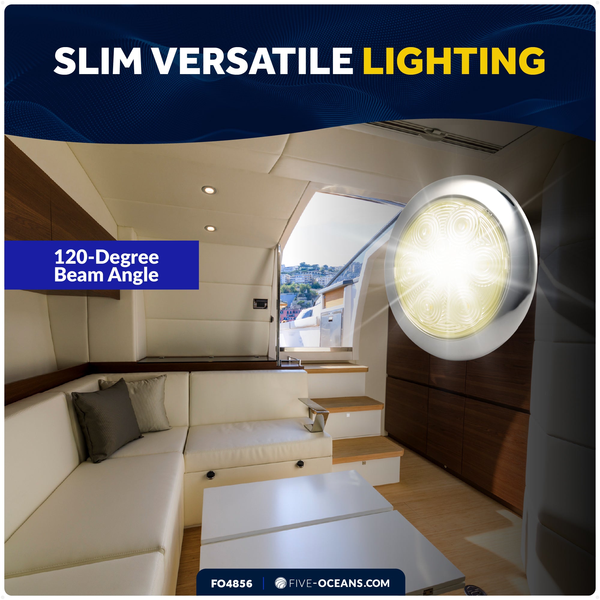 LED Interior Dome Ceiling Light, 5-3/16" Slim Round, Warm White, IP65 Waterproof, 12V - FO4856 - Five Oceans