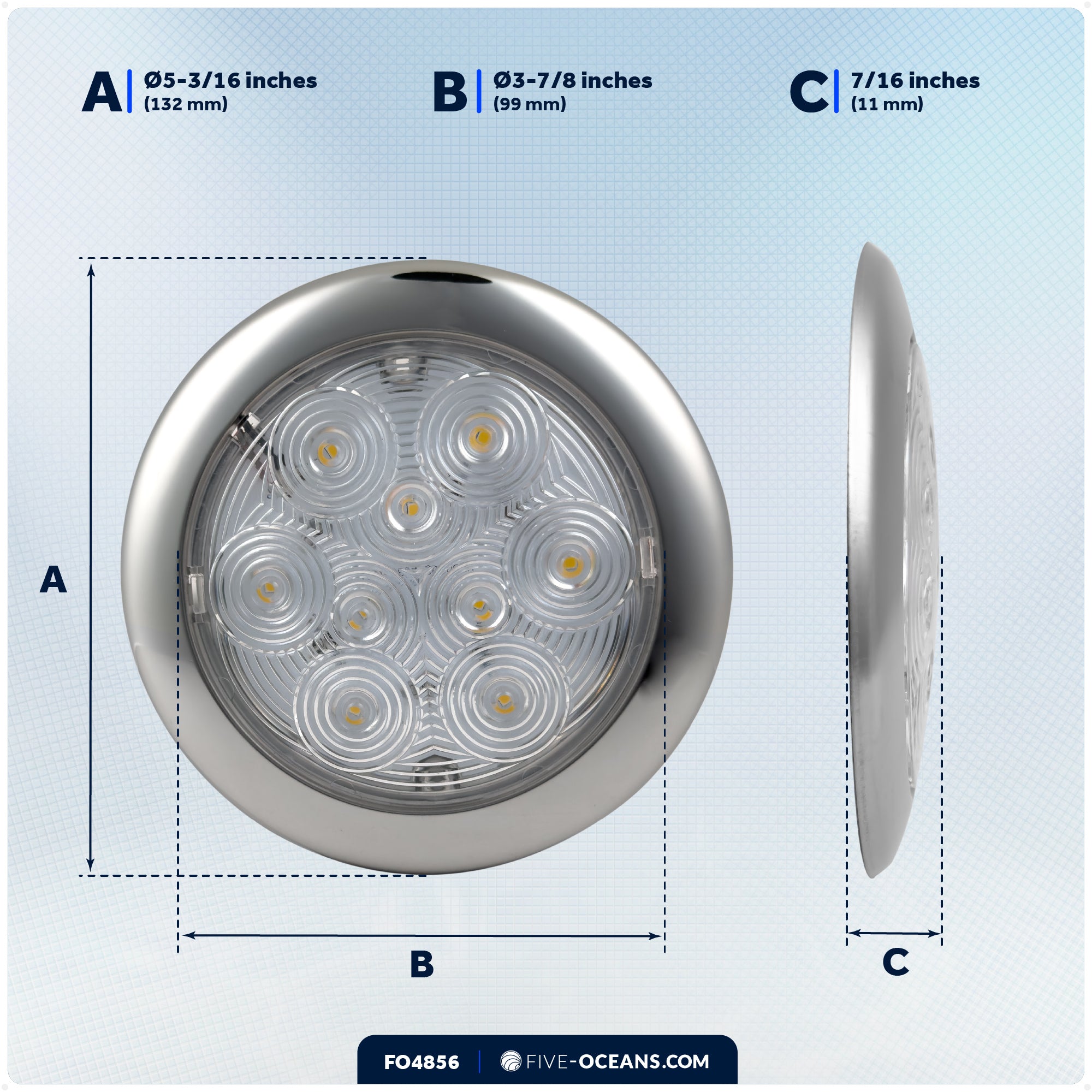 5-3/16" Surface-Mount LED Slim Dome / Ceiling Light, Warm White, Stainless Steel Housing, 12V - FO4856 - Five Oceans