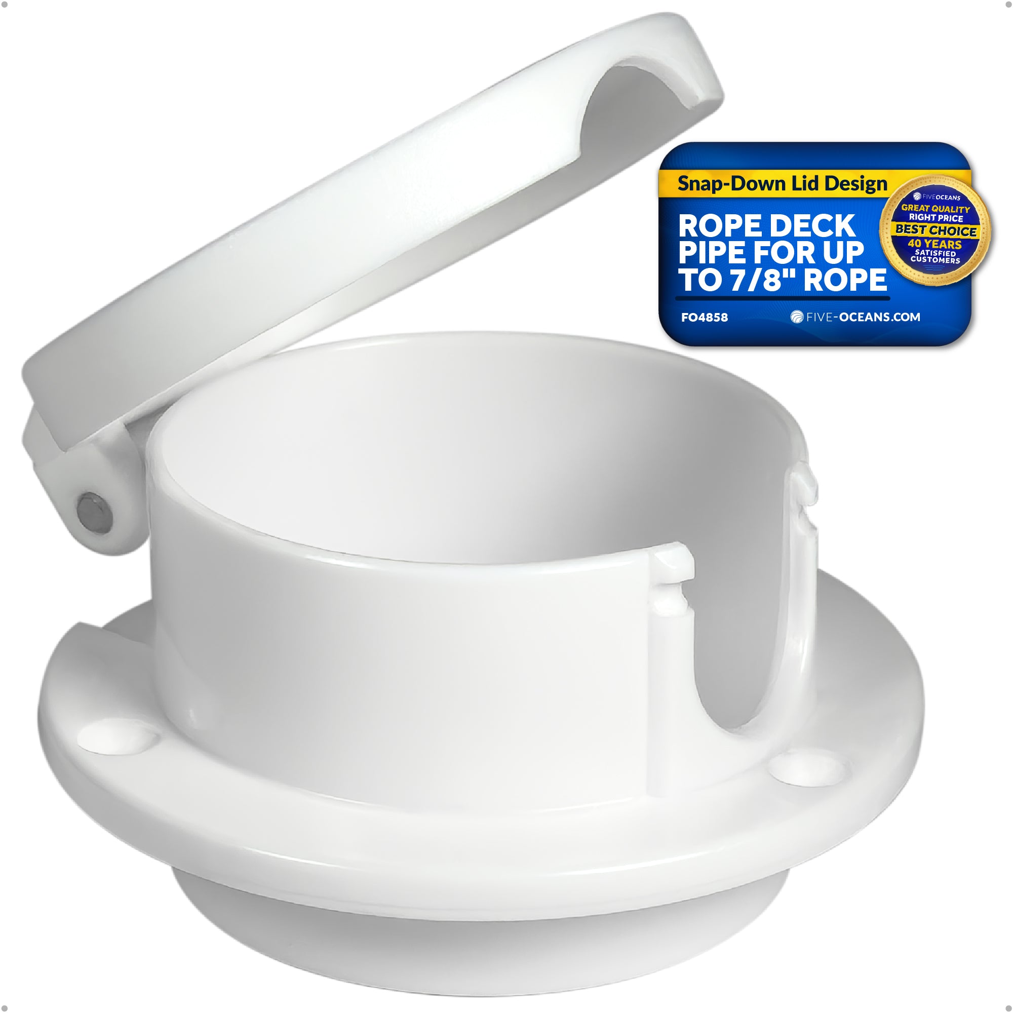 Rope Deck Pipe for Up to 7/8" Rope, White Polymer Fiber Reinforced with Snap-Down Cover - FO4858