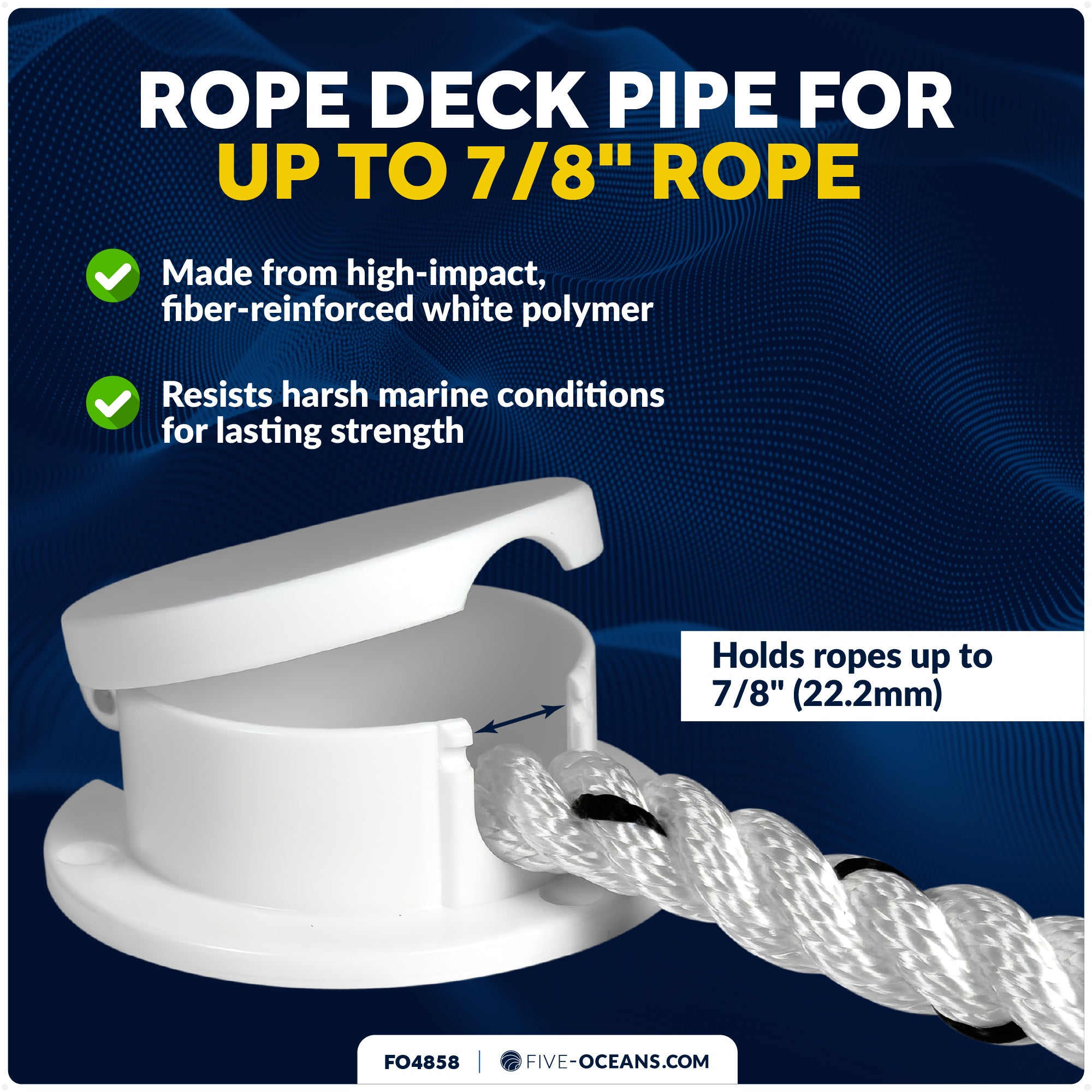Rope Deck Pipe for Up to 7/8" Rope, White Polymer Fiber Reinforced with Snap-Down Cover - FO4858