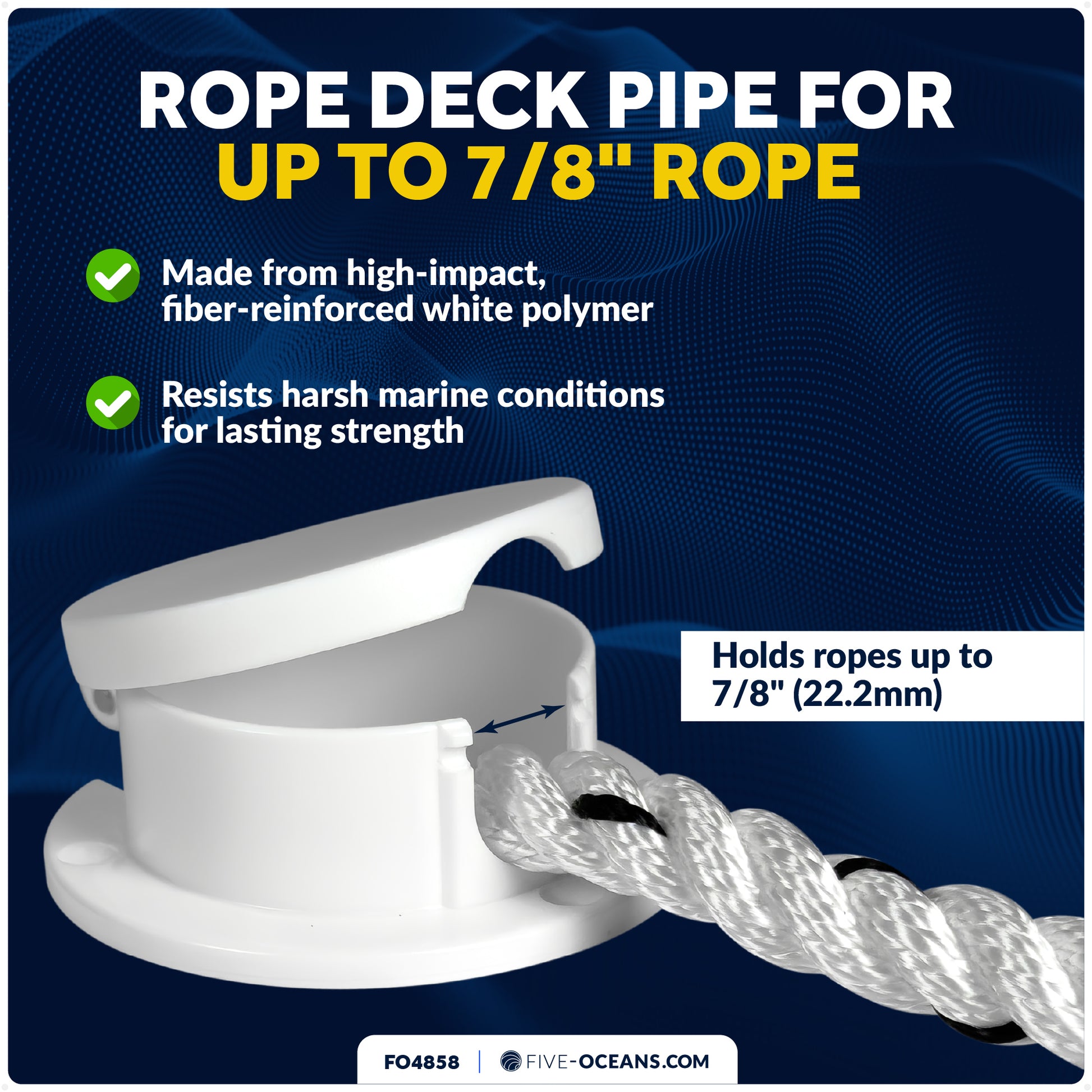 Rope Deck Pipe for Up to 7/8" Rope, White Polymer Fiber Reinforced with Snap-Down Cover - FO4858 - Five Oceans