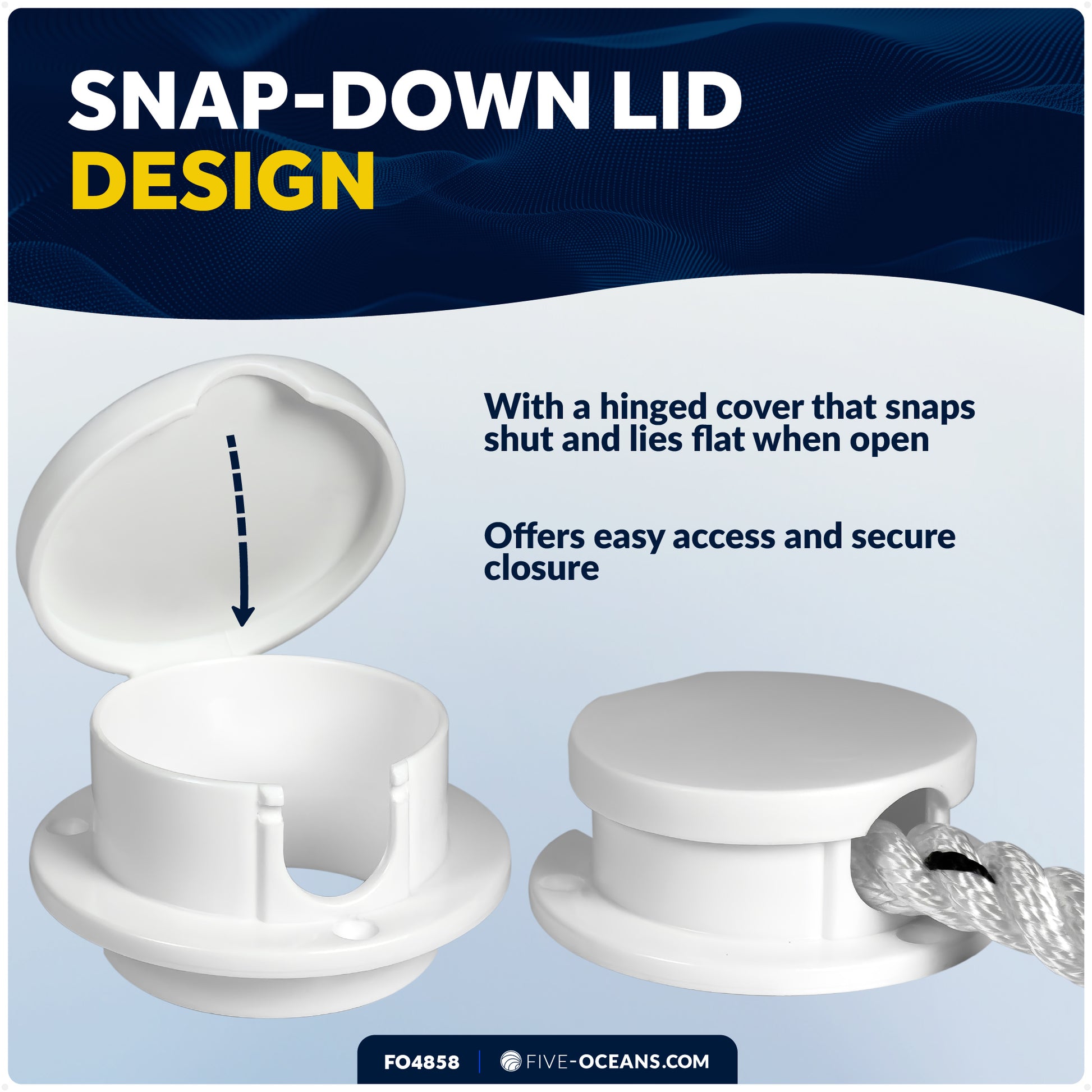 Hinged Rope Deck Pipe - Fits Up to 7/8" Rope, White Polymer Fiber - FO4858 - Five Oceans