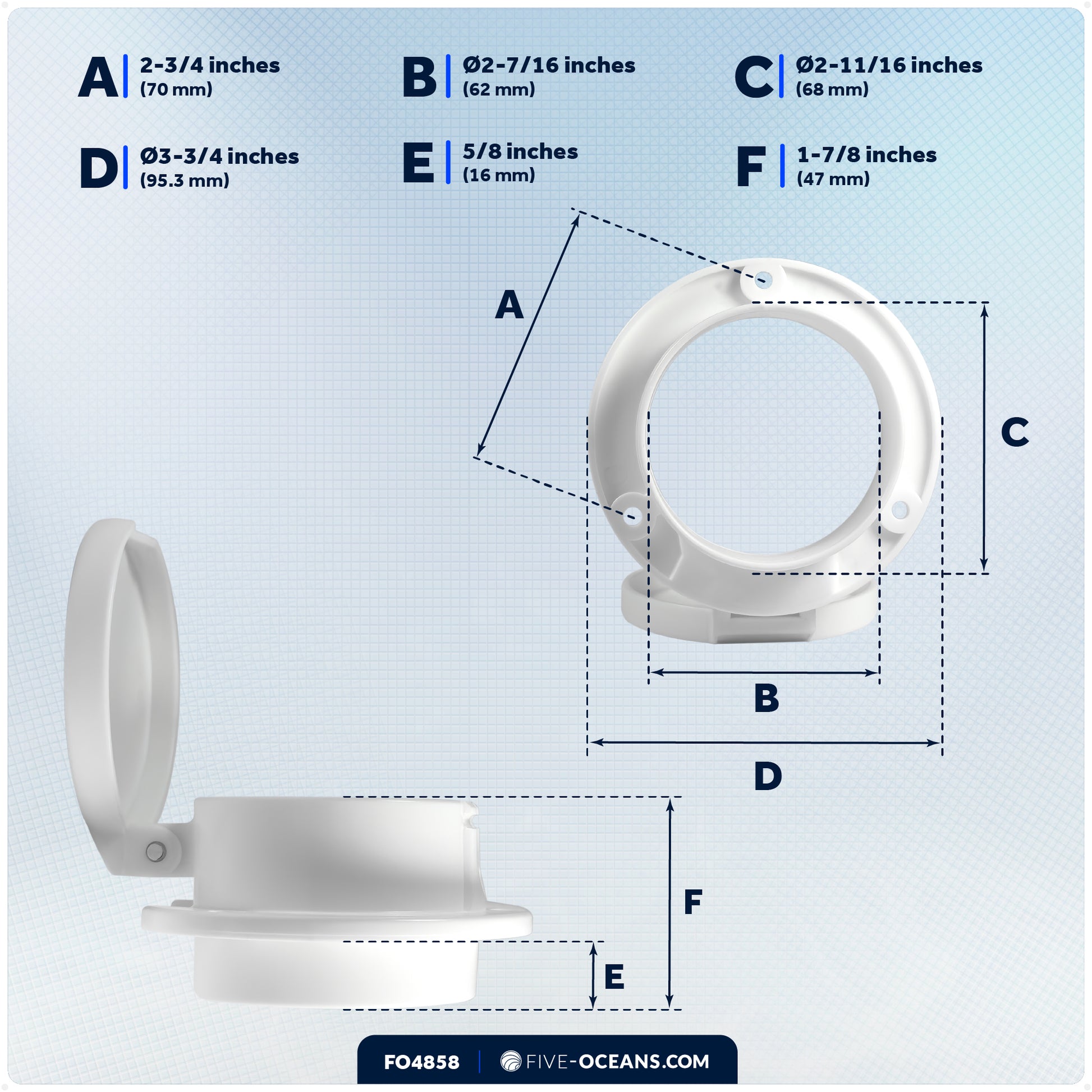 Rope Deck Pipe for Up to 7/8" Rope, White Polymer Fiber Reinforced with Snap-Down Cover - FO4858 - Five Oceans