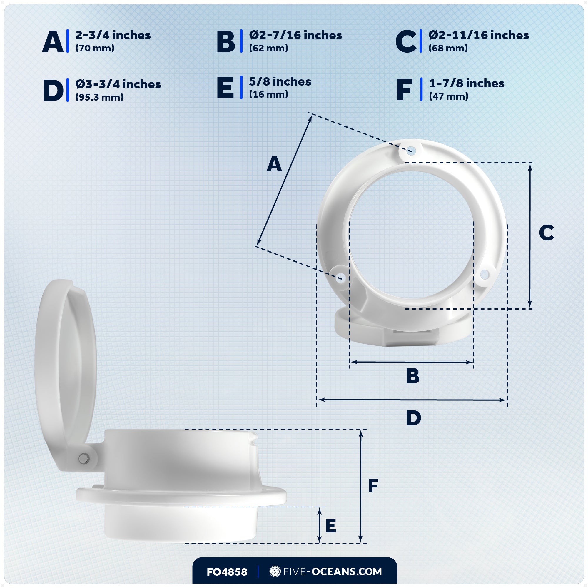 Rope Deck Pipe for Up to 7/8" Rope, White Polymer Fiber Reinforced with Snap-Down Cover - FO4858 - Five Oceans