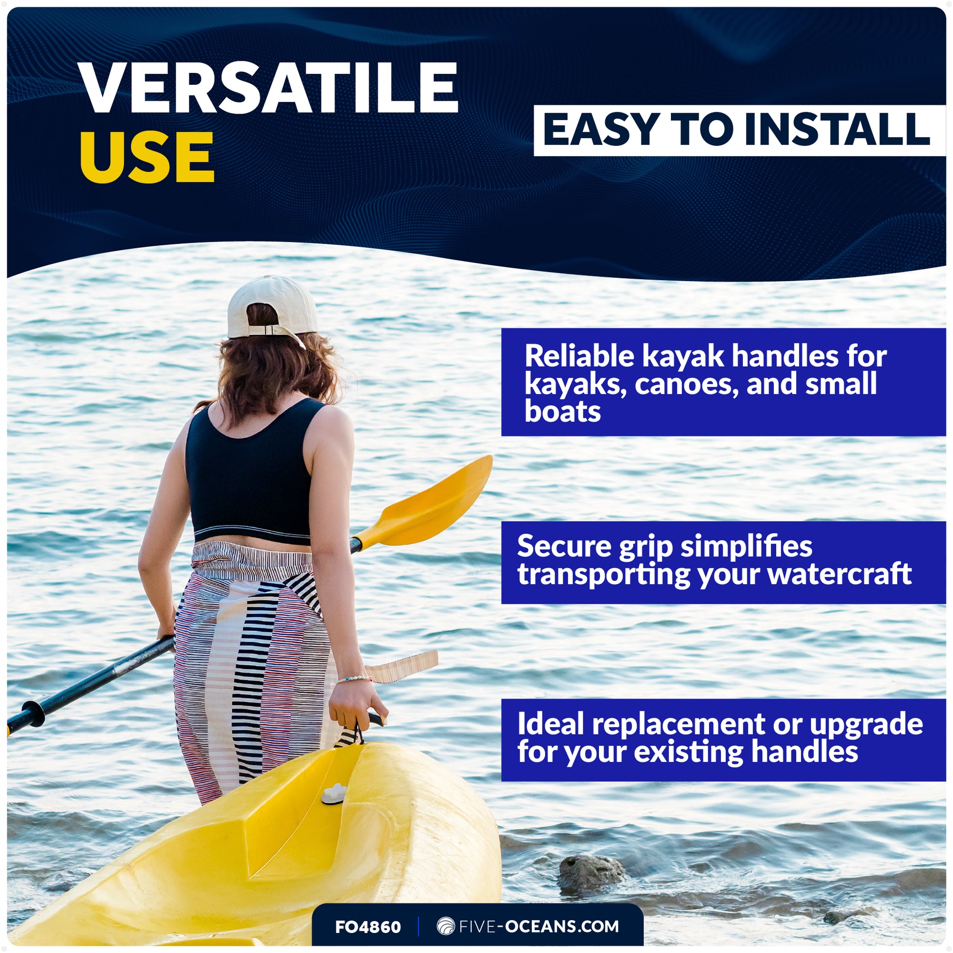 Kayak Handles with Cord, Black, 2-Pack - FO4860 - Five Oceans