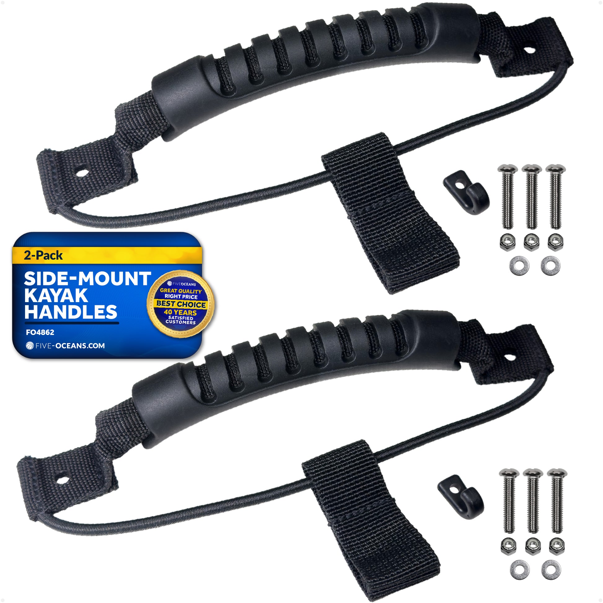Side-Mount Kayak Handles with Bungee Paddle Hook Holder, Black - 2-Pack - FO4862 - Five Oceans