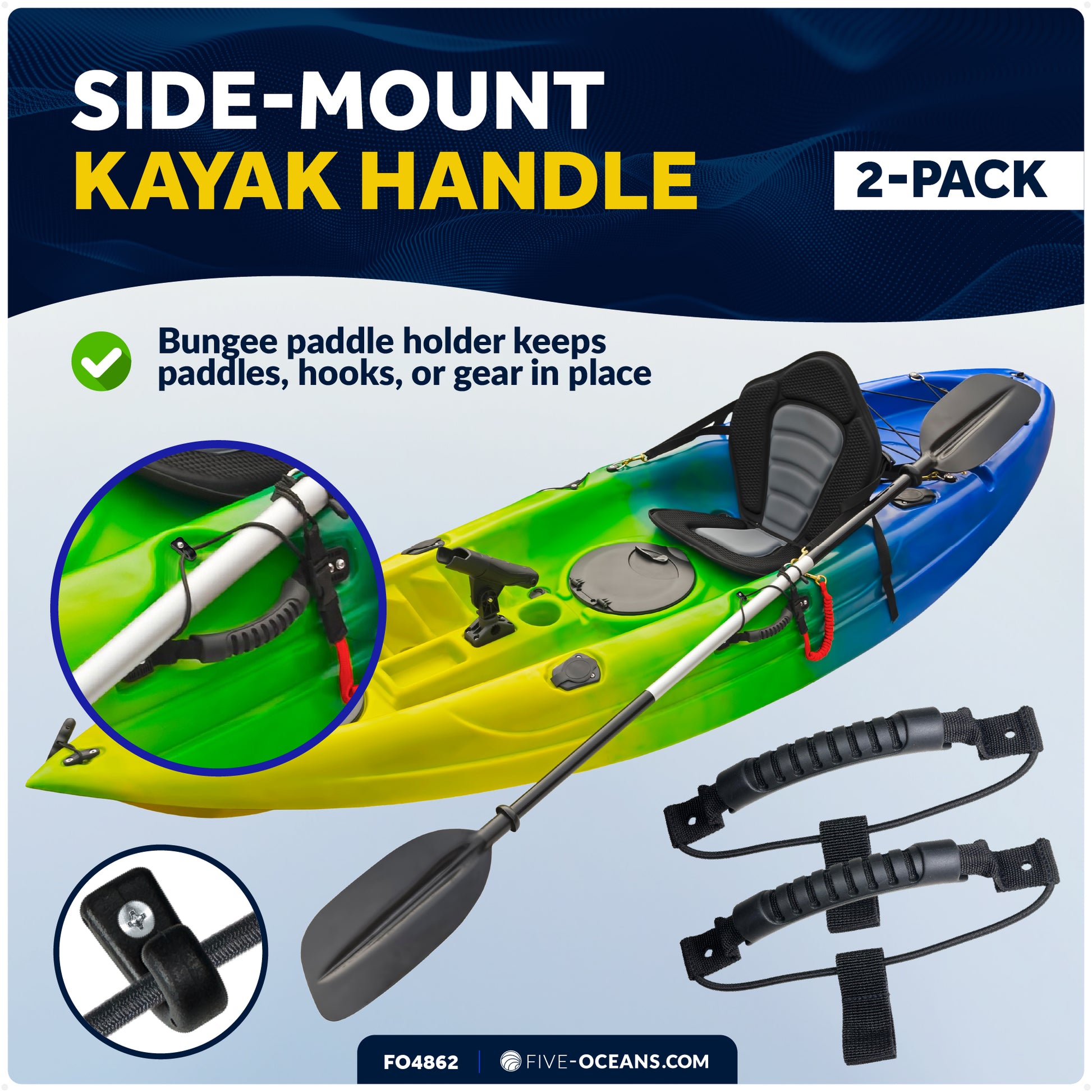 Kayak Side-Mount Handles with Bungee Paddle / Hook Holder, Black, 2-Pack - FO4862 - Five Oceans